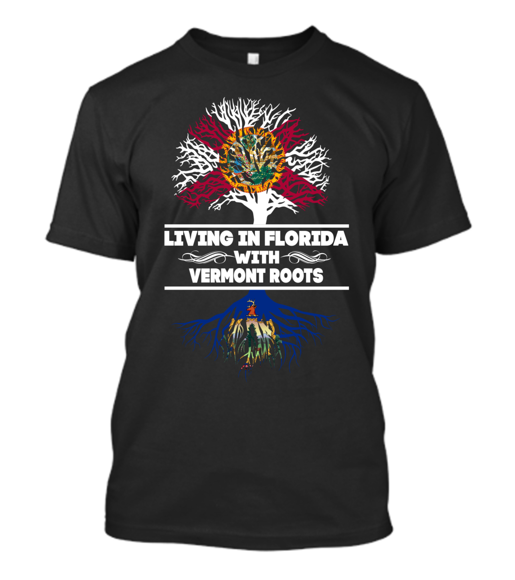 Living In Florida With Vermont Roots Tree Design Featuring Florida And Vermont Symbols T-Shirt