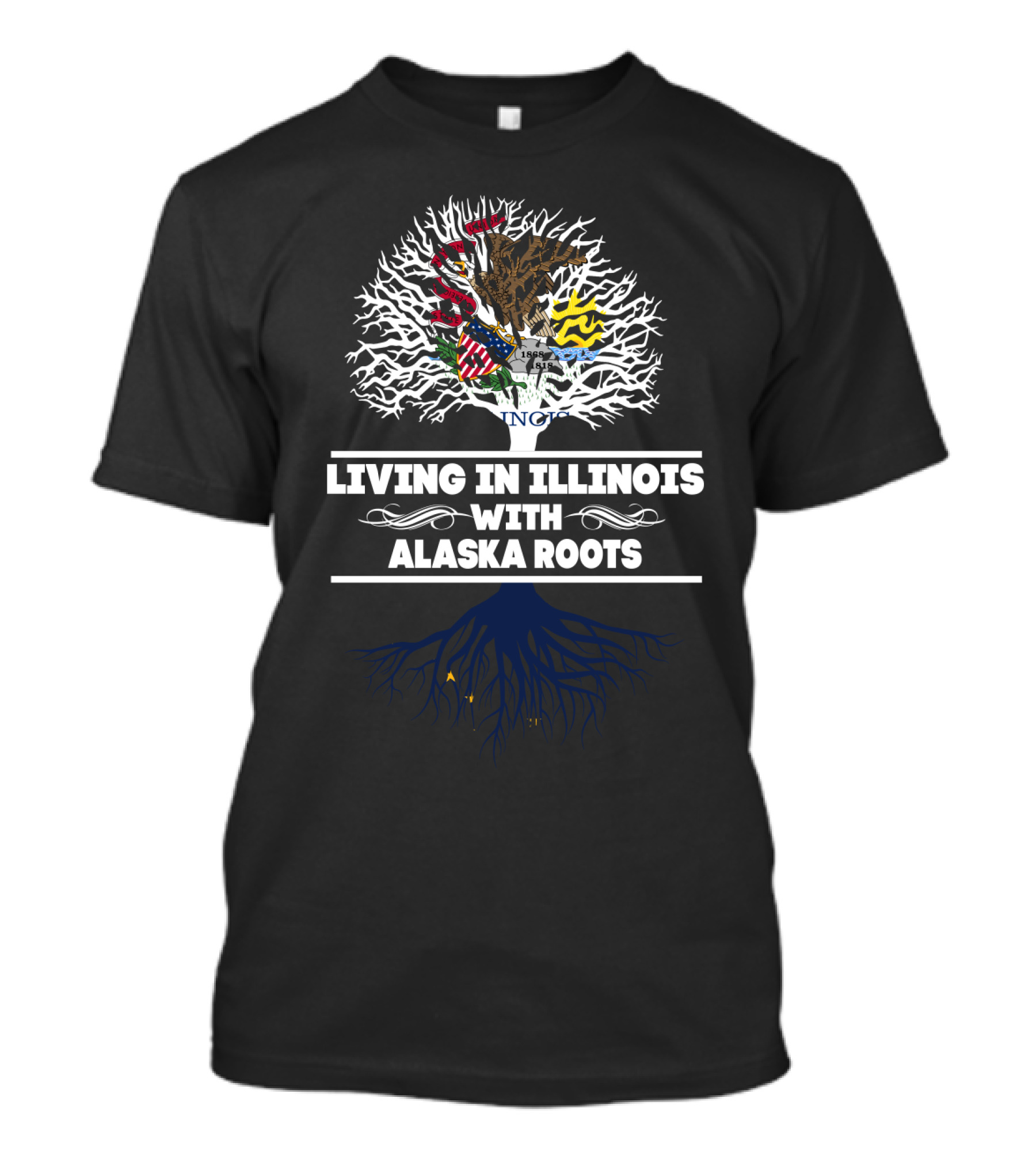 Illinois Tree With Alaska Roots Emblem Featuring State Symbols And Colors T-Shirt
