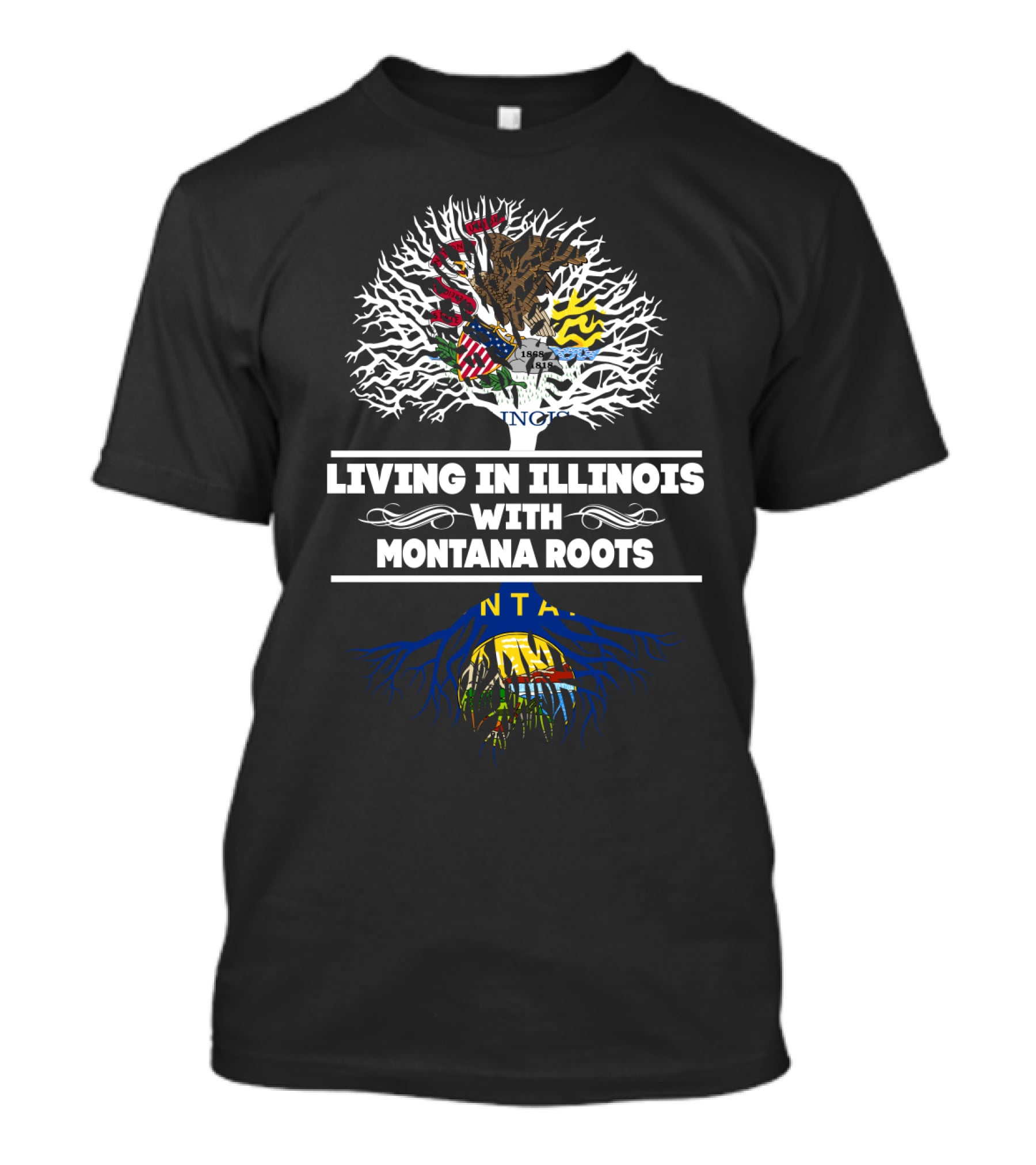 Illinois With Montana Heritage Tree Graphic Featuring State Flags And Symbolism T-Shirt