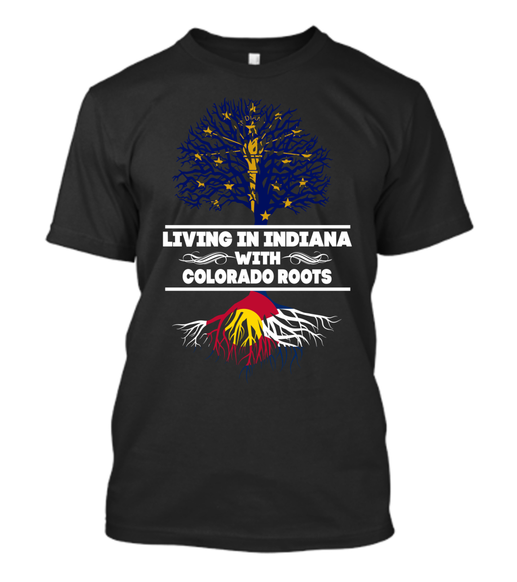 Indiana Skyline And Colorado Flag Tree Symbolizing Living In Indiana With Colorado Roots T-Shirt