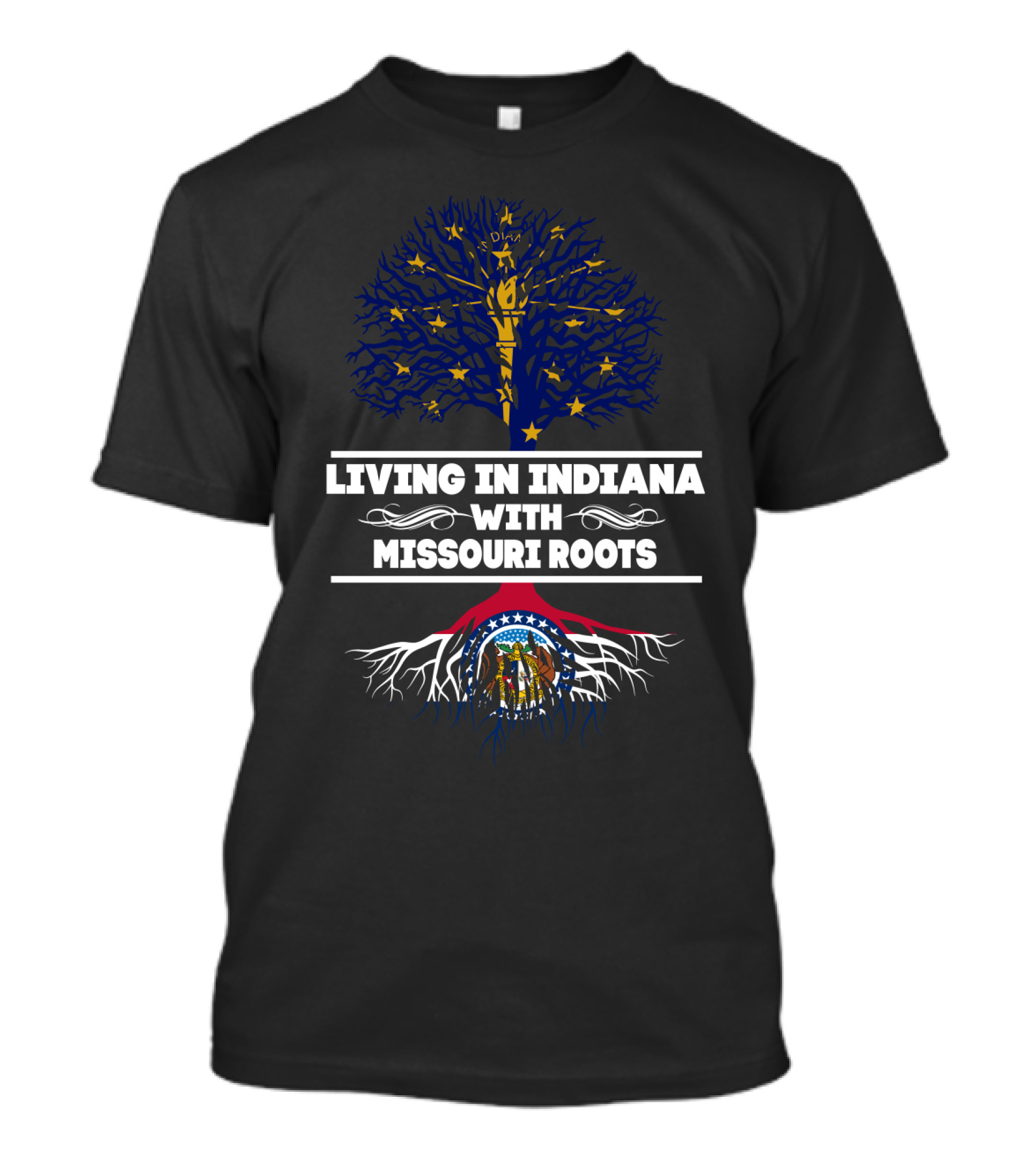 Indiana Stars And Tree With Missouri Flag Roots Fusion T-Shirt