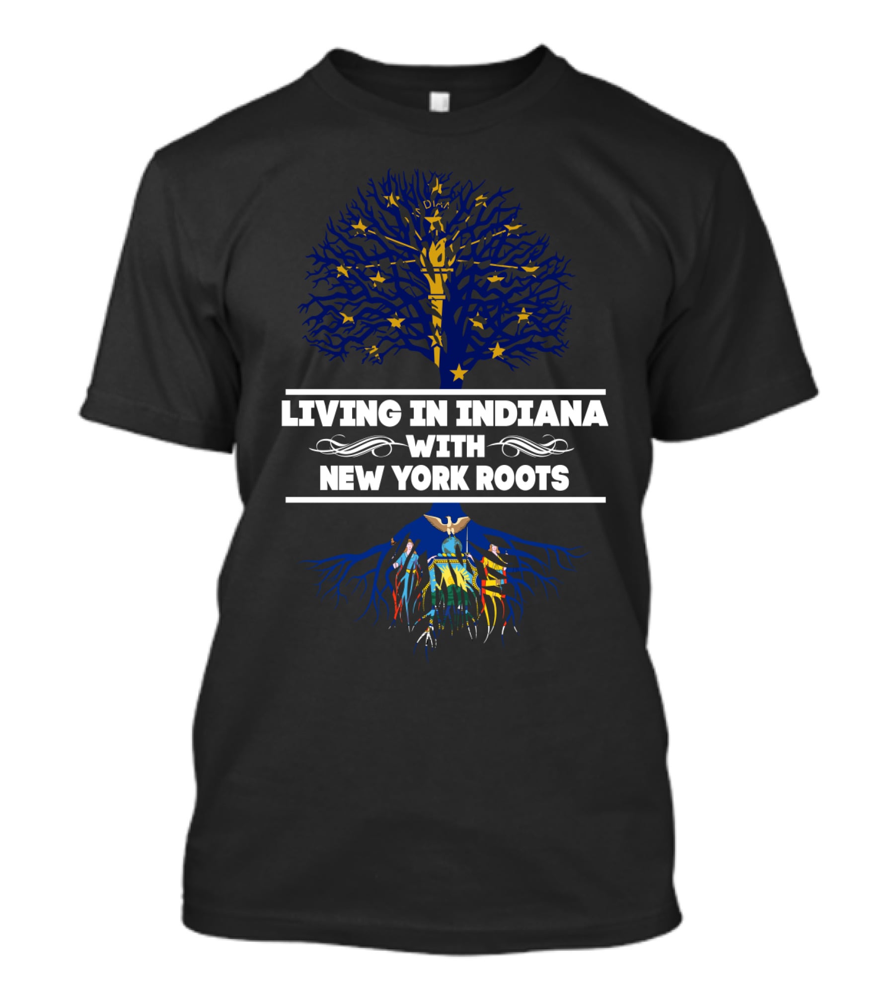 Indiana Life With New York Roots Featuring Iconic State Symbols And Heritage Tree T-Shirt