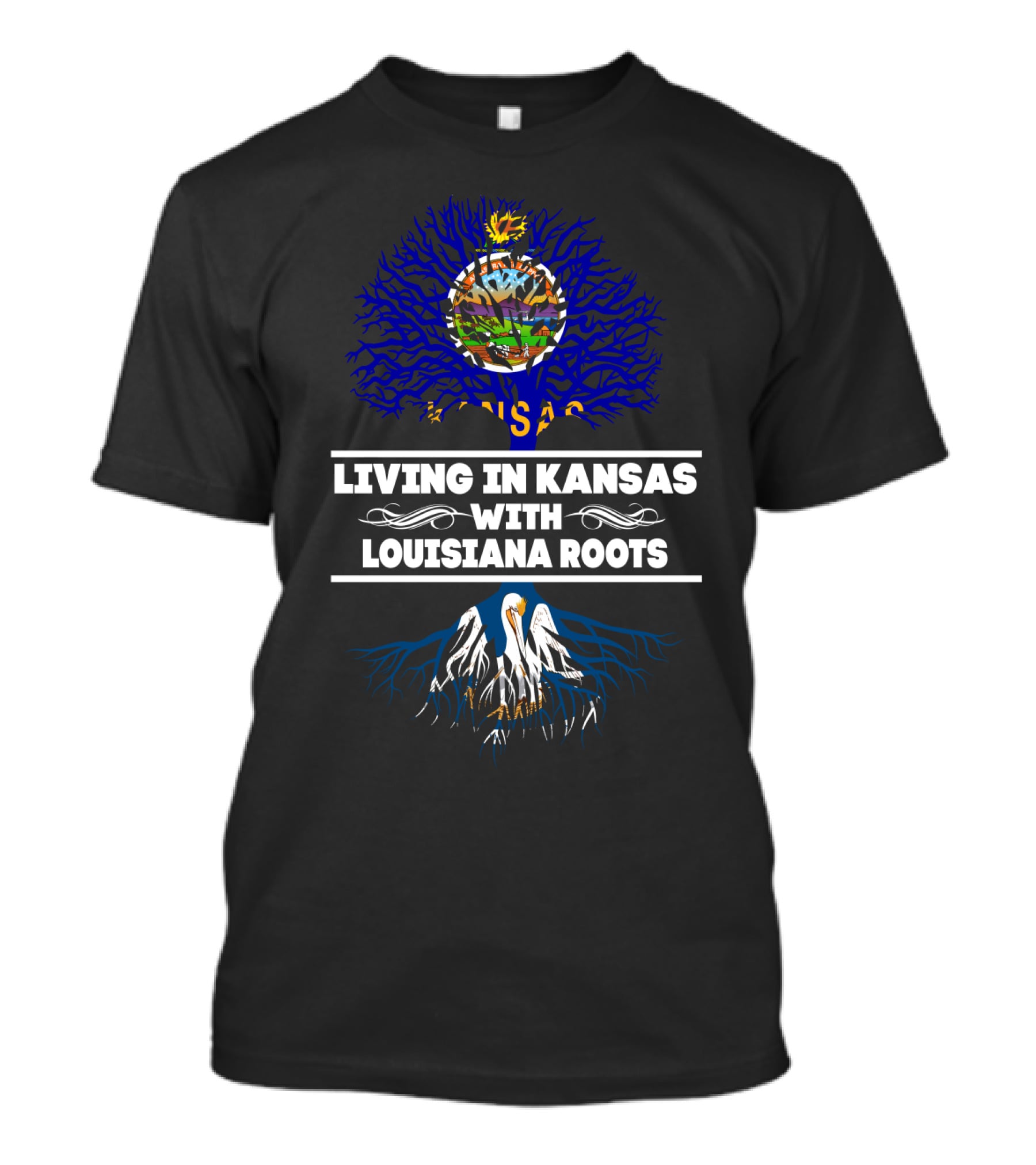 Living In Kansas With Vibrant Louisiana Tree Roots And State Connection T-Shirt