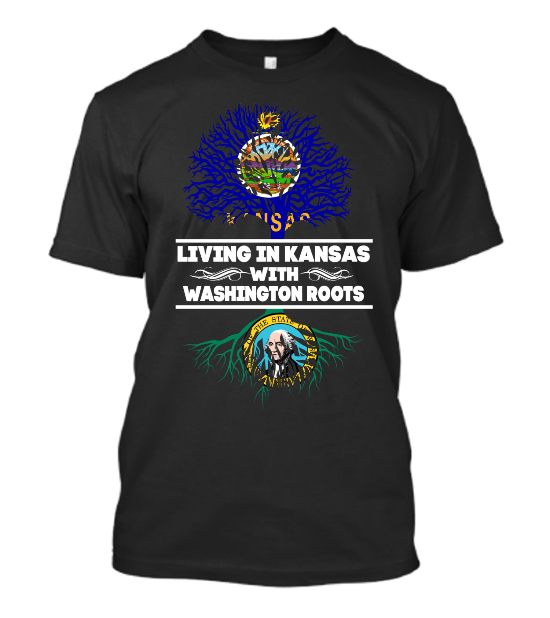 Kansas State Flag Over Washington State Seal Roots: Living In Kansas With Washington Heritage T-Shirt