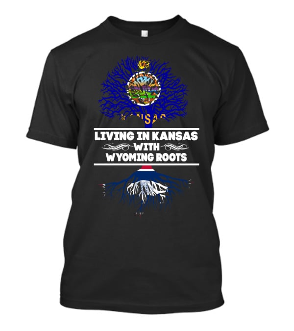 Kansas State Emblem On Blue Tree With Wyoming Flag Roots Connection T-Shirt
