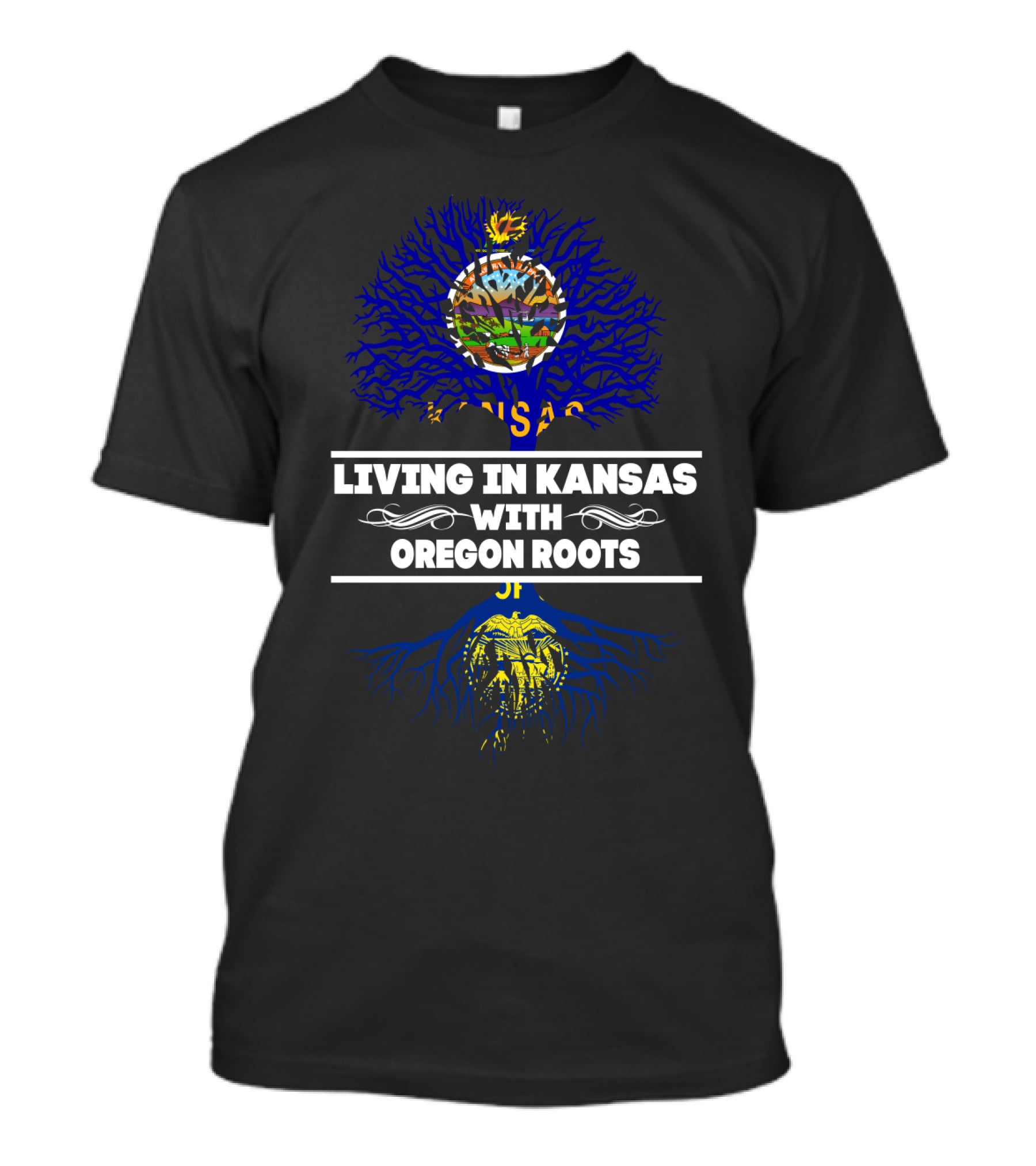 Living In Kansas Embracing Oregon Roots With State Flag Symbolism T-Shirt