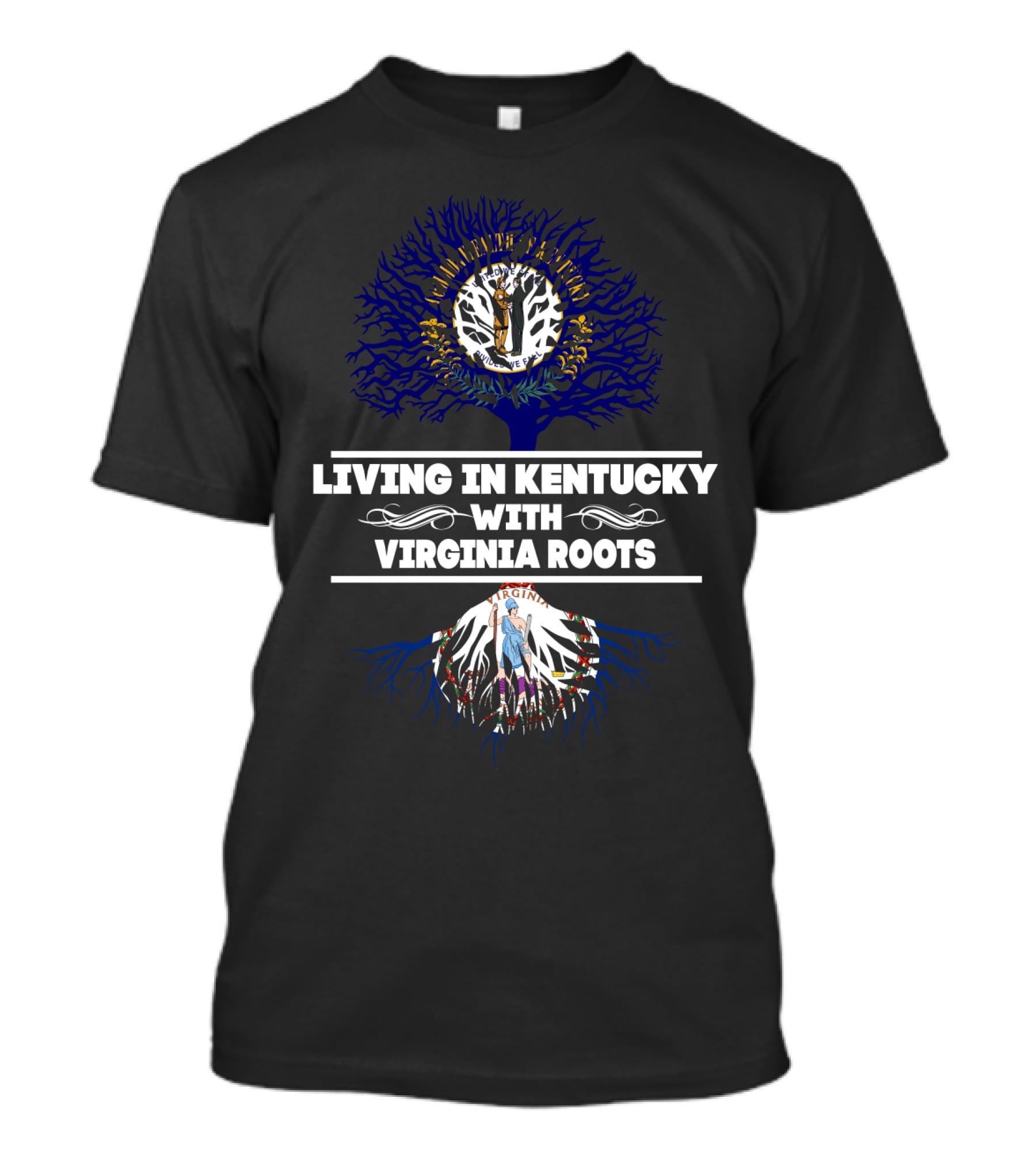 Living In Kentucky With Virginia Roots Tree Design Featuring State Seals T-Shirt