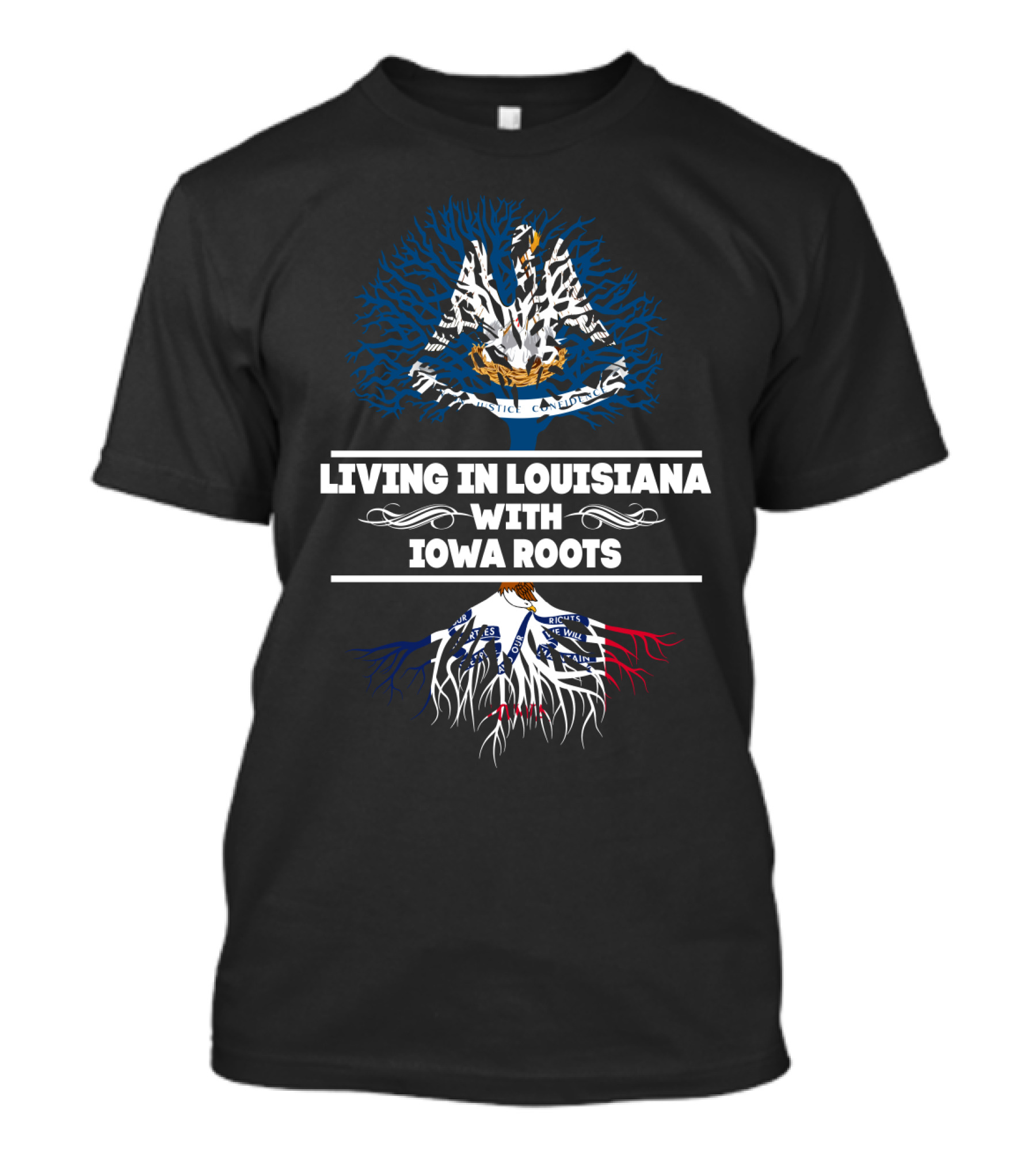 Living In Louisiana With Iowa Roots Tree Design Featuring State Flags And Symbols T-Shirt