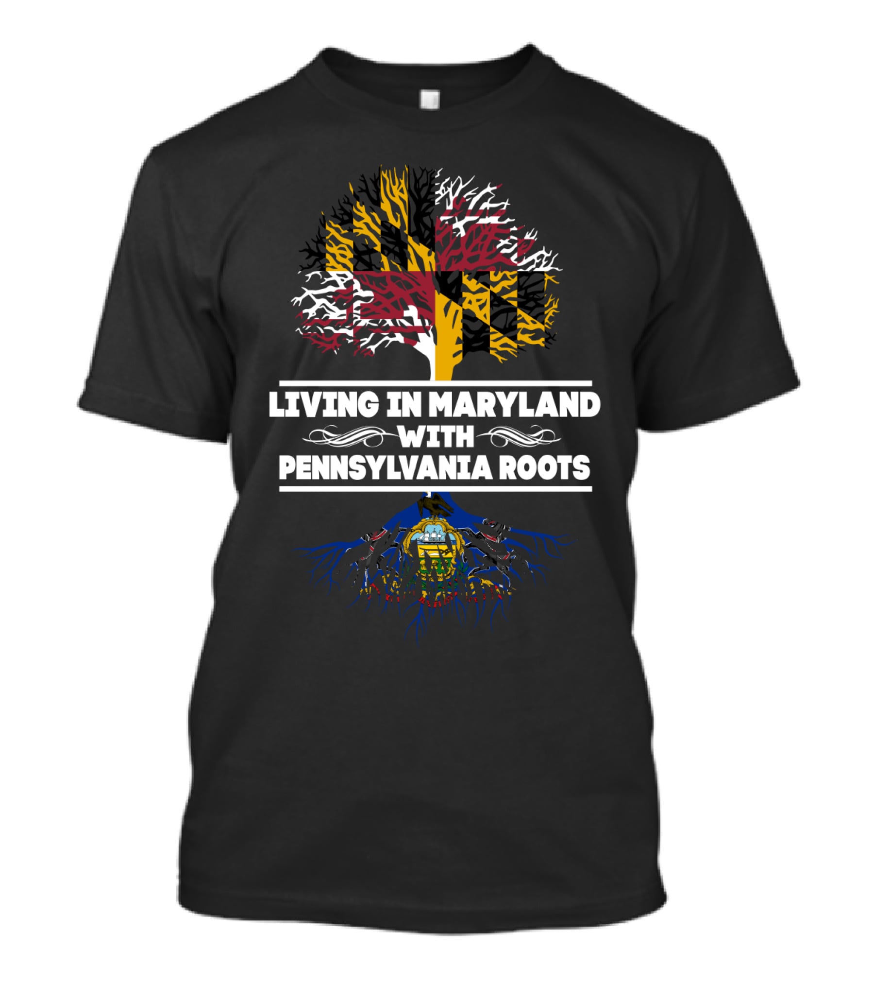 Living In Maryland With Pennsylvania Roots Maryland Flag Colors Tree T-Shirt