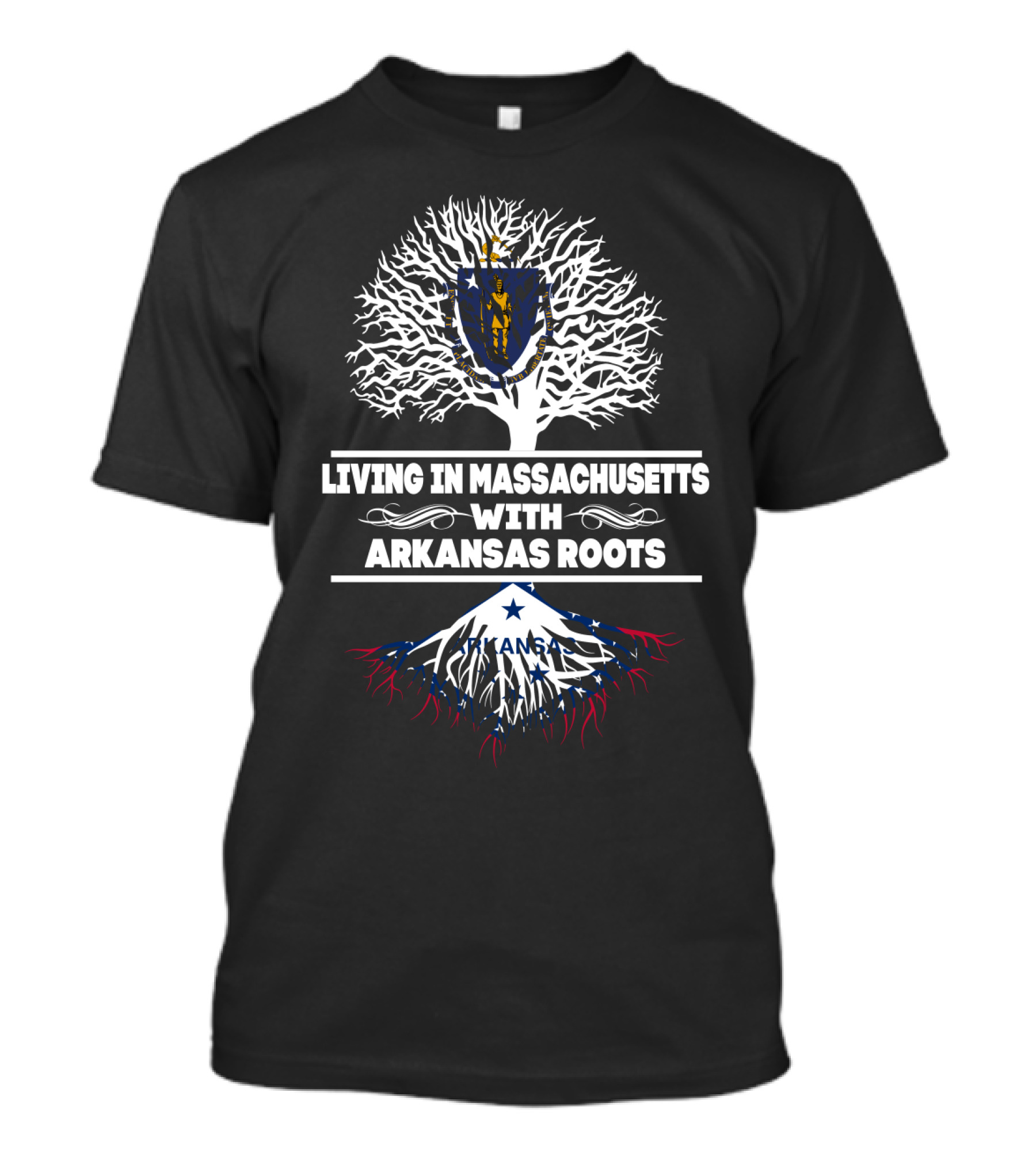 Living In Massachusetts With Arkansas Roots Massachusetts Crest Tree T-Shirt