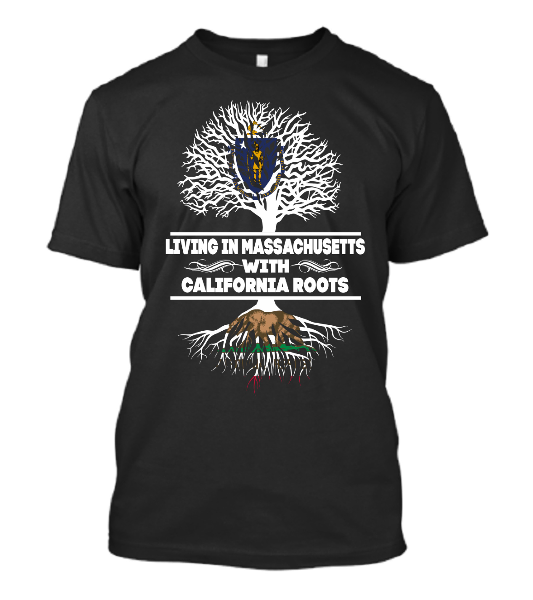 Living In Massachusetts With California Roots Massachusetts Flag And Tree T-Shirt
