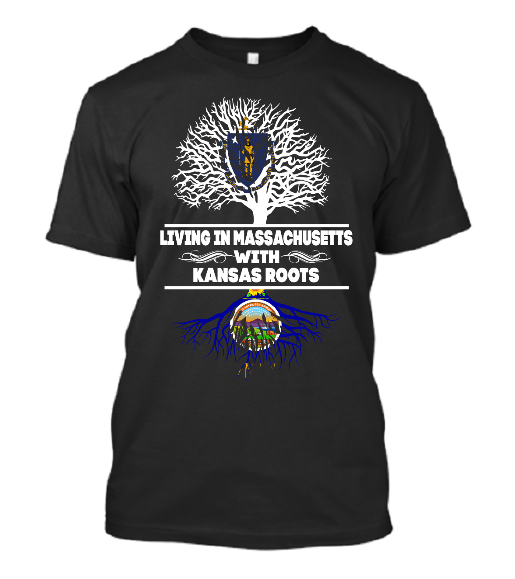 Living In Massachusetts Embracing Kansas Roots With State Crest Symbolism Tree T-Shirt