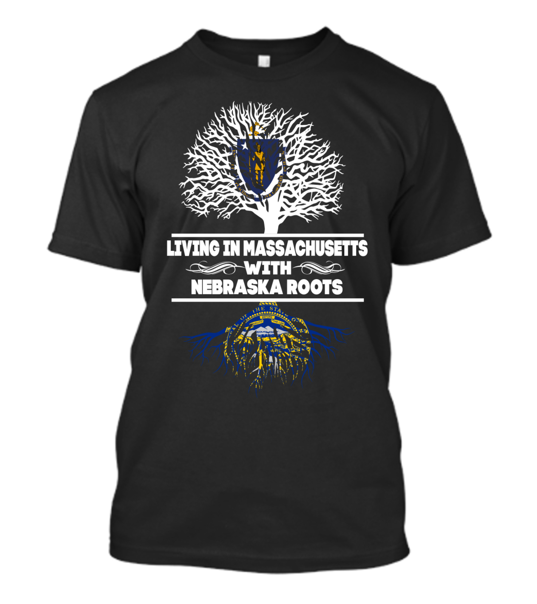 Living In Massachusetts Proudly Showcasing Nebraska Roots With State Seal T-Shirt