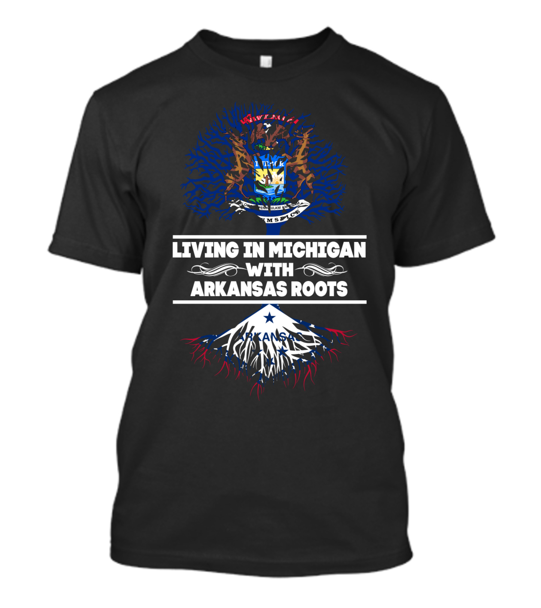 Living In Michigan With Arkansas Roots Michigan Seal And Tree T-Shirt