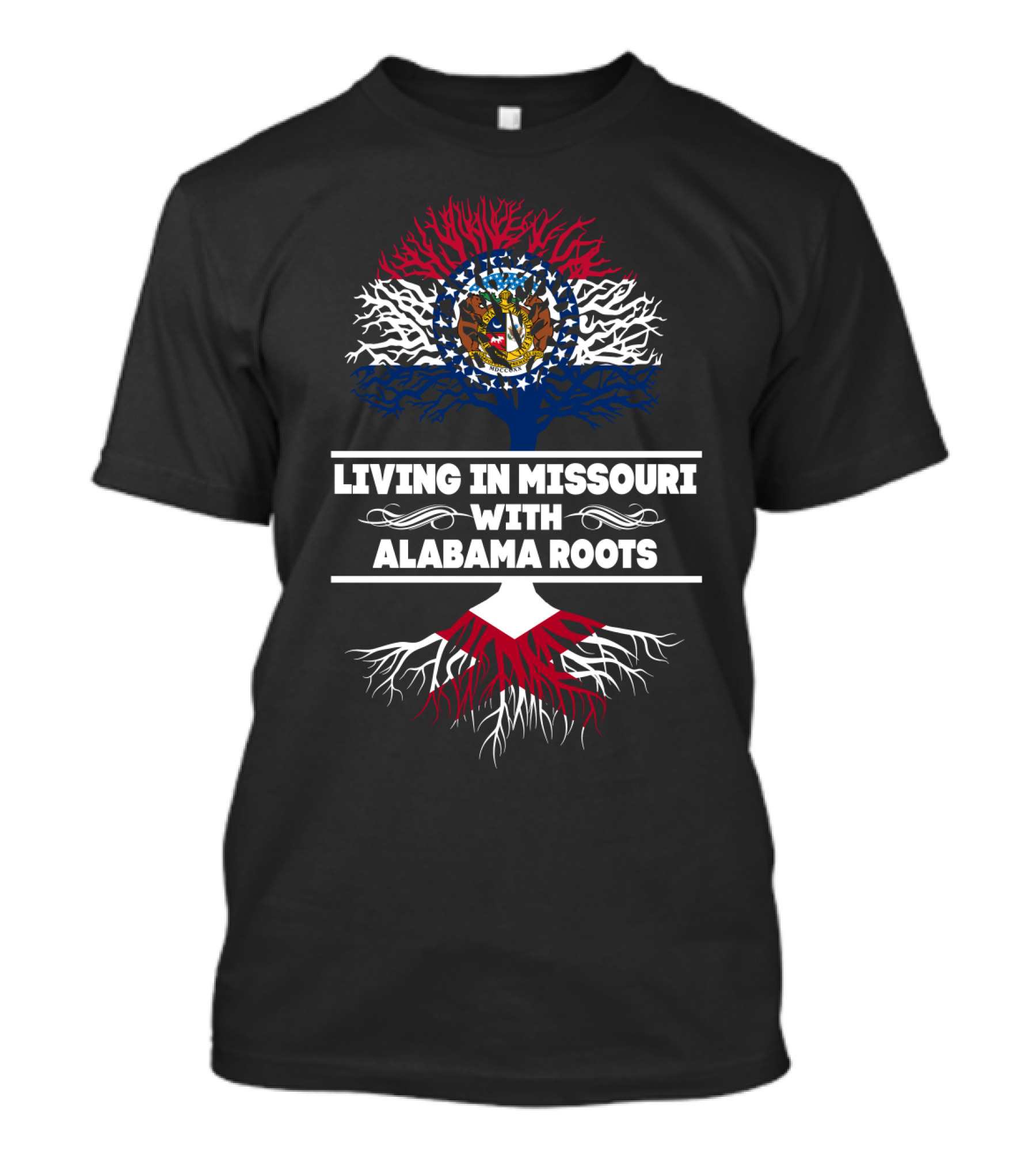 Living In Missouri With Alabama Roots Missouri State Flag Tree T-Shirt