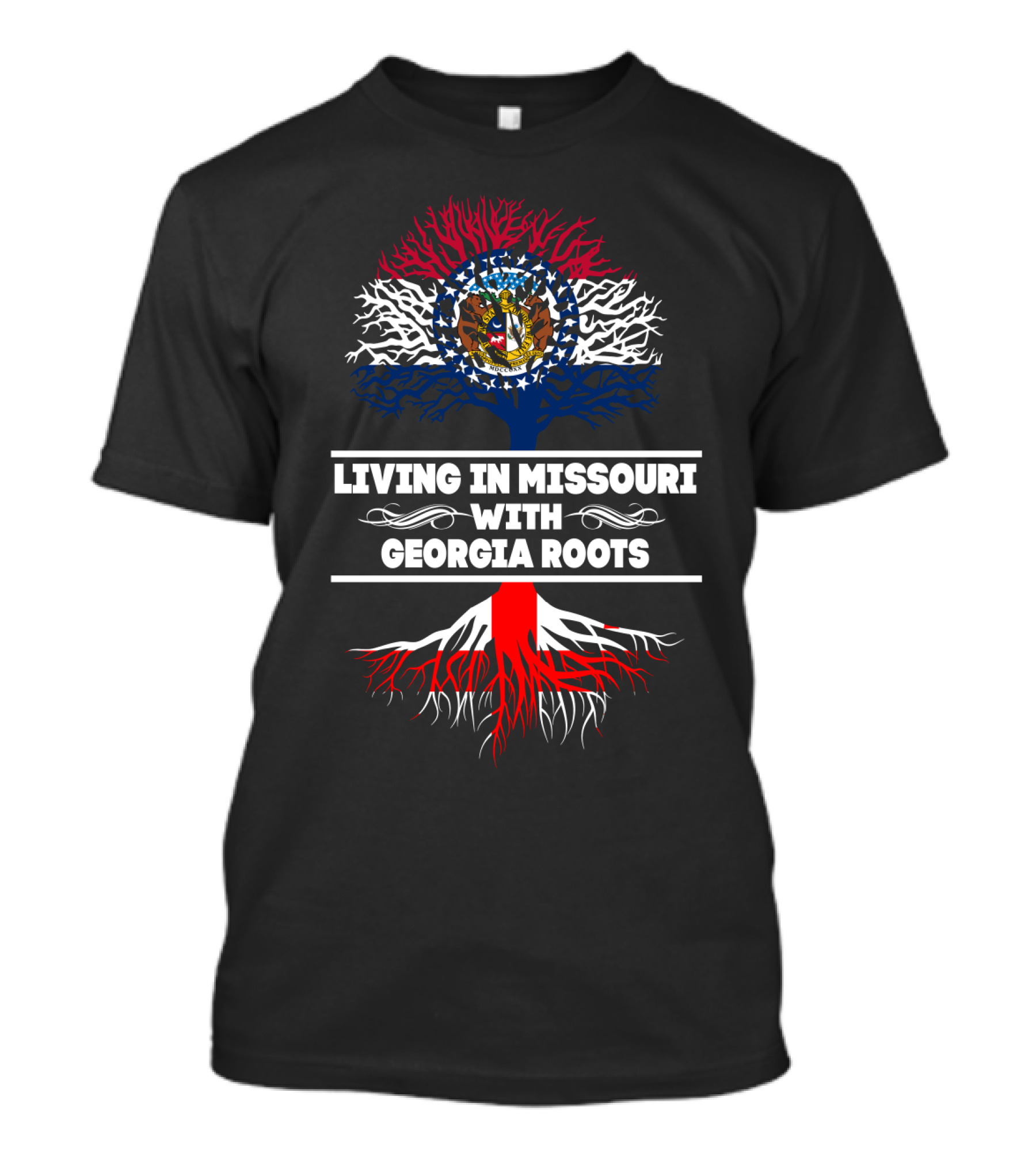 Living In Missouri With Georgia Roots Missouri Flag Tree And Red White Blue Roots T-Shirt