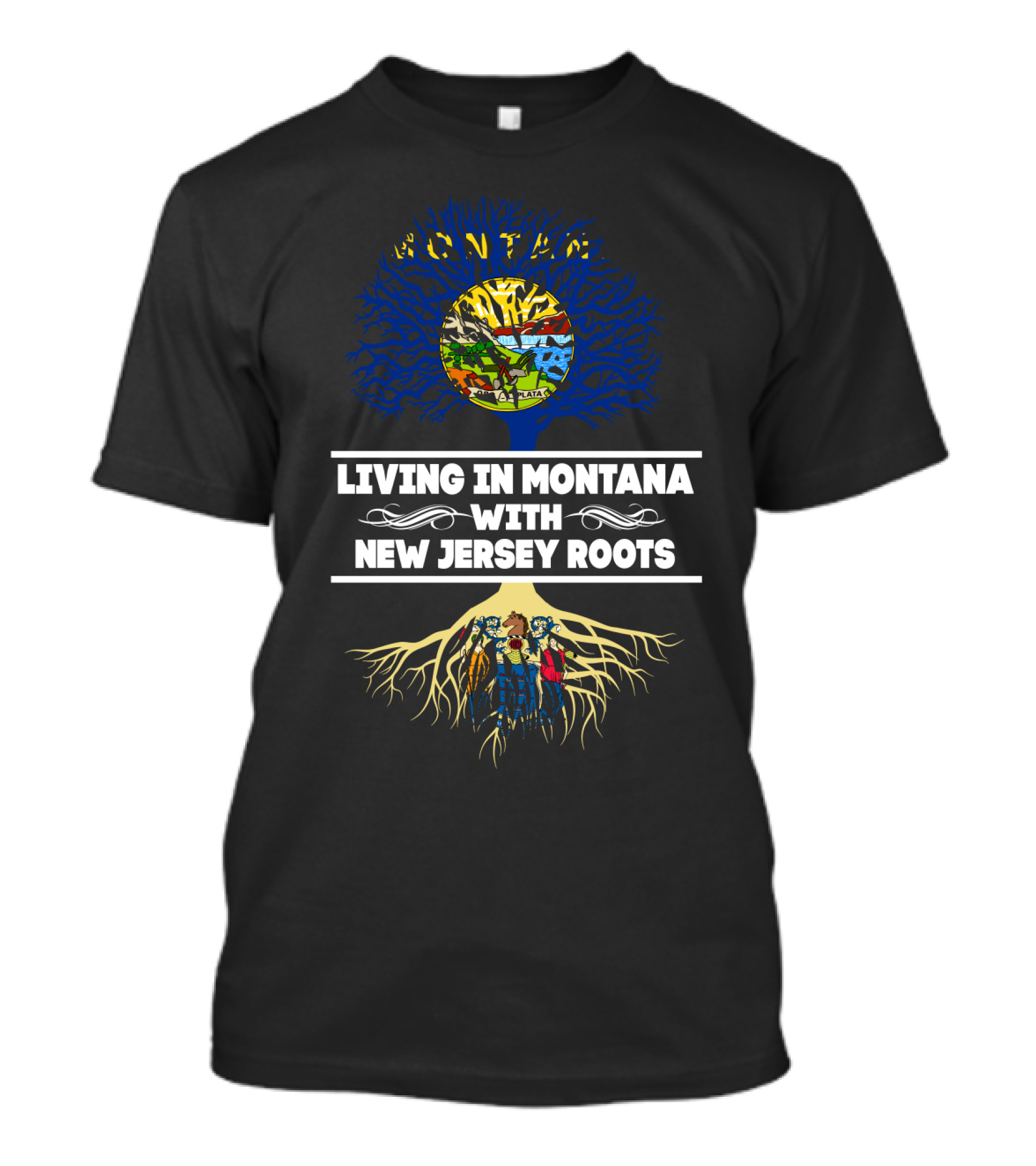 Living In Montana With NEW JERSEY Roots Tree Graphic Featuring NJ State Symbols T-Shirt