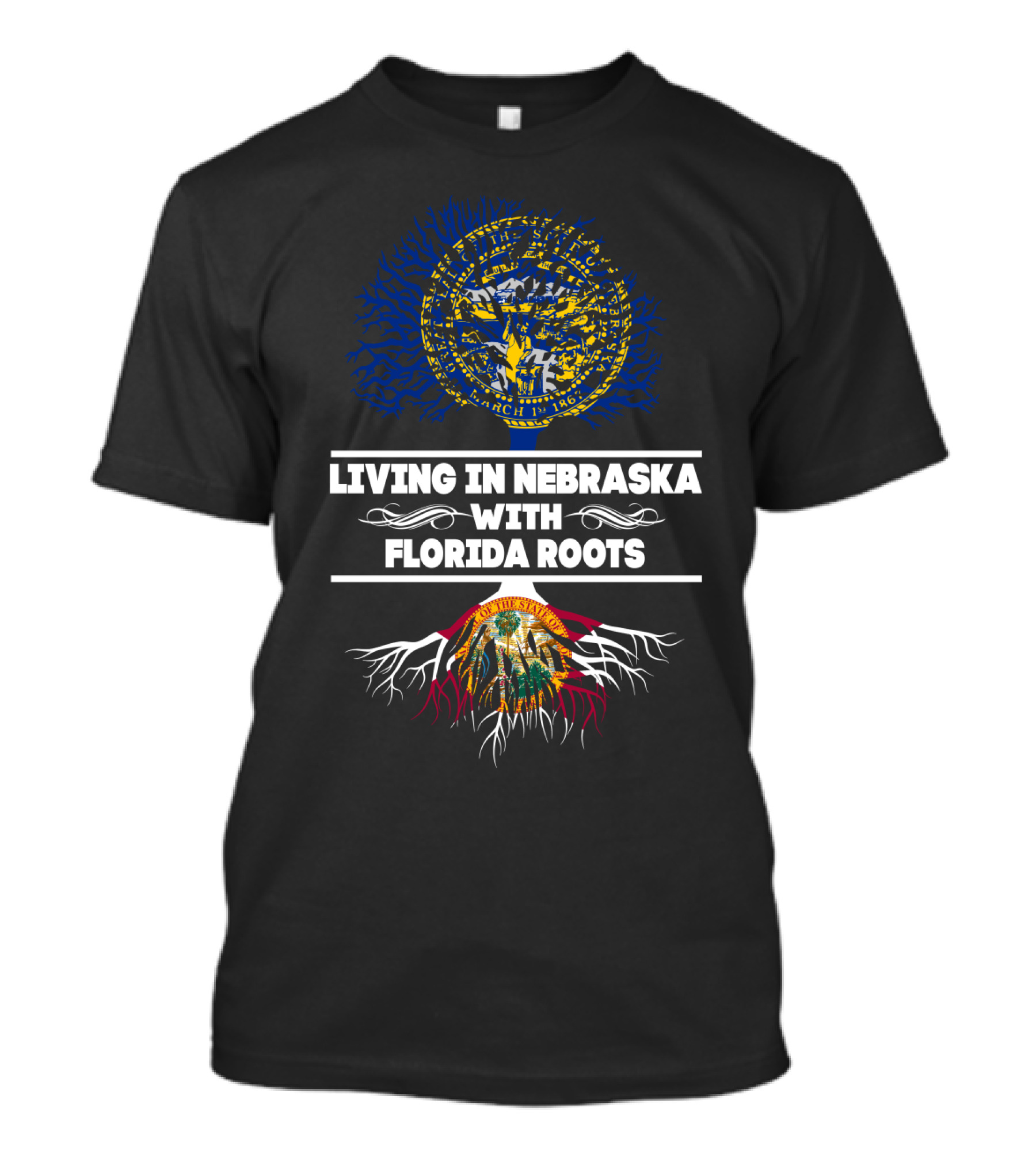 Living In Nebraska With Florida Roots Nebraska Seal Tree And Florida Tree Roots T-Shirt