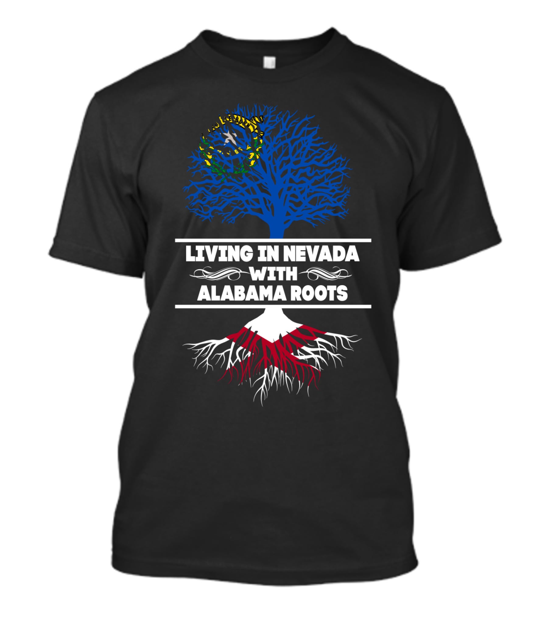 Nevada Life With Deep Alabama Heritage Illustrated By Tree Design And State Colors T-Shirt