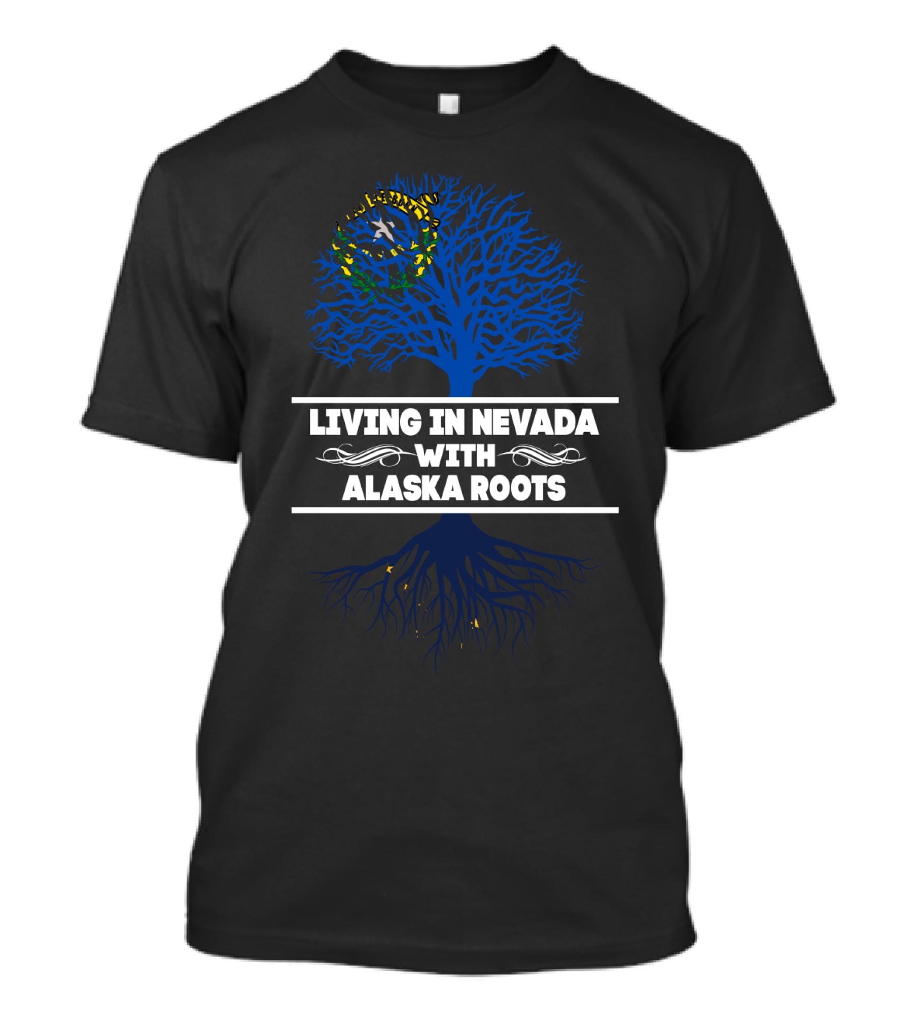 Living In Nevada With Alaska Roots Decorative Blue Tree And Yellow Stars T-Shirt