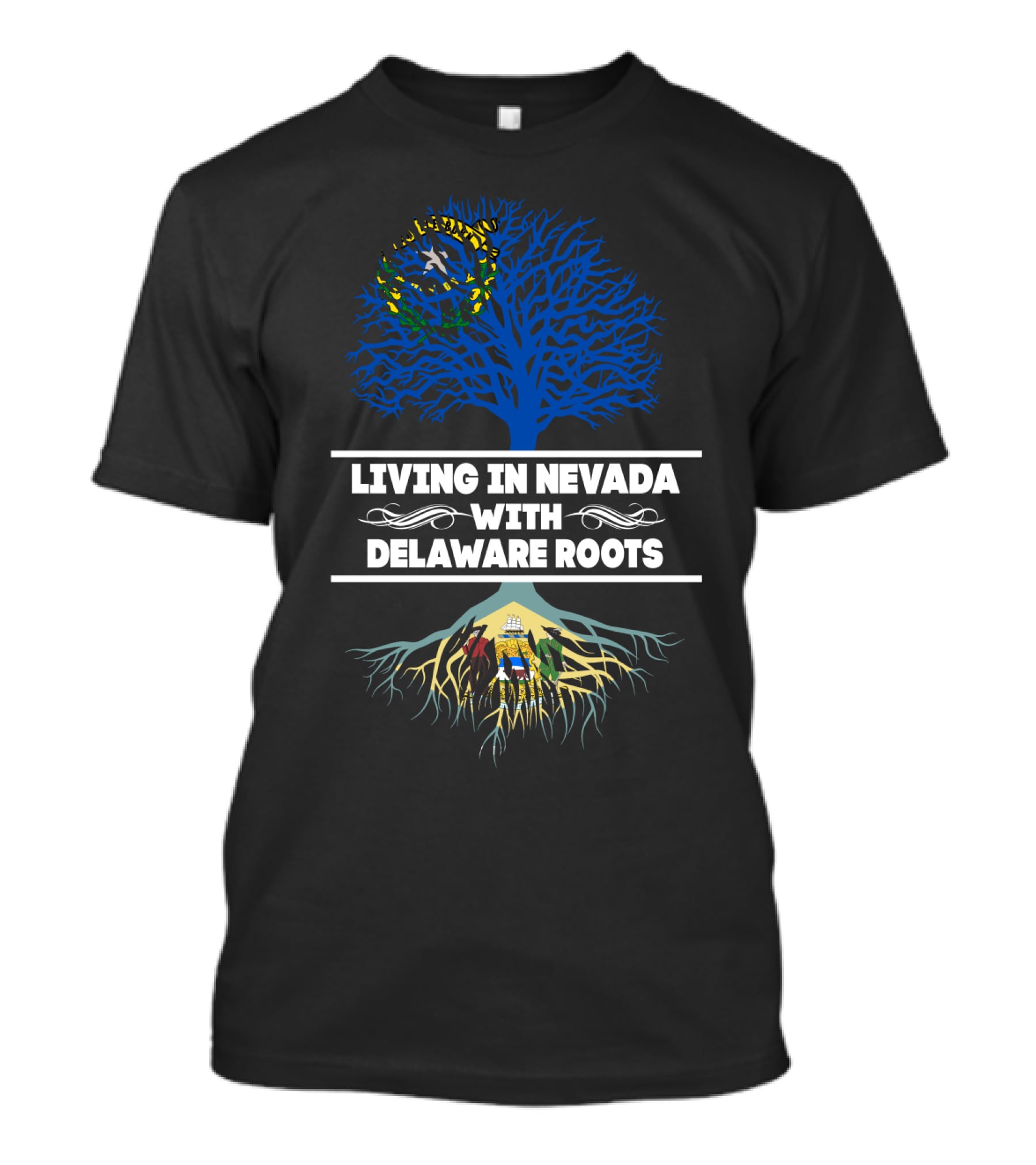 Living In Nevada Embracing Delaware Roots With Iconic State Symbols And Tree T-Shirt