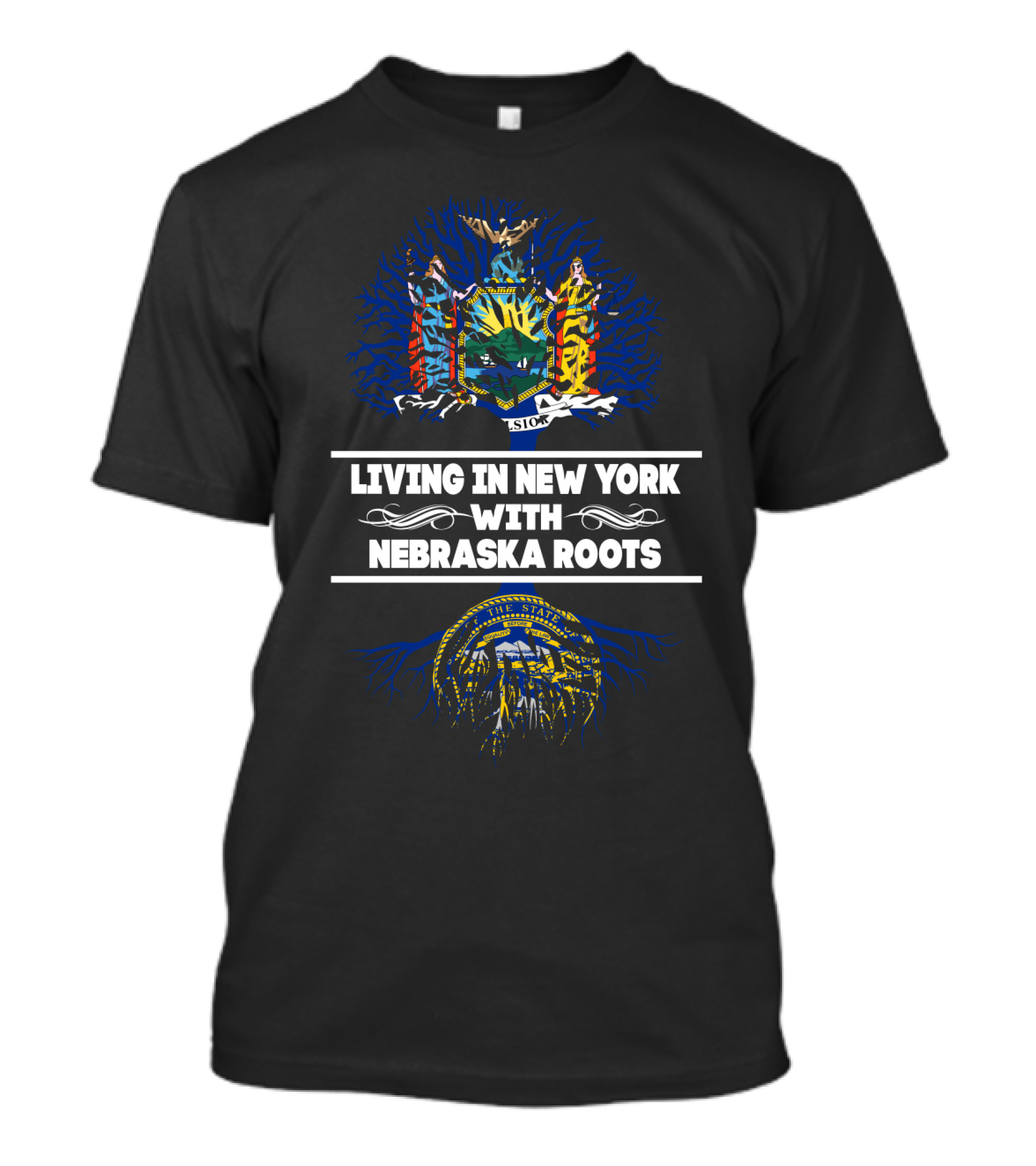 Living In New York With Nebraska Roots Featuring State Seals And Tree T-Shirt