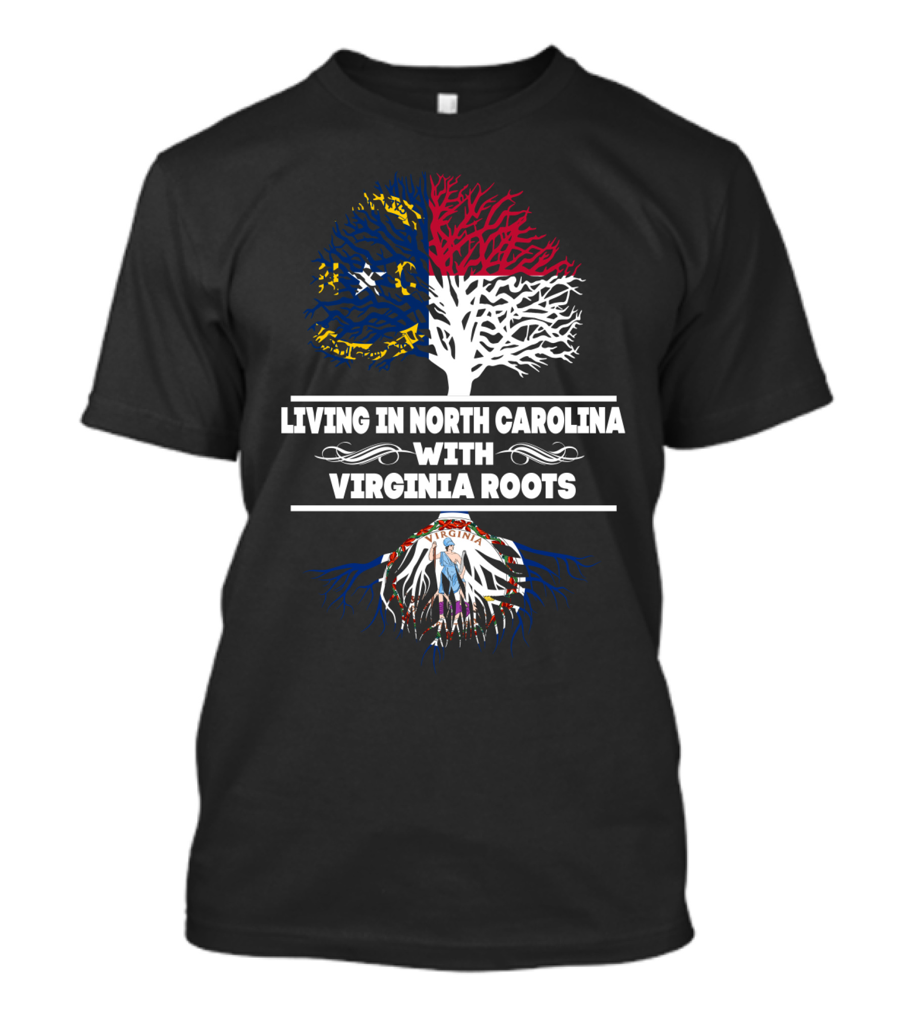 Living In North Carolina With Virginia Roots Tree Design With State Flags T-Shirt