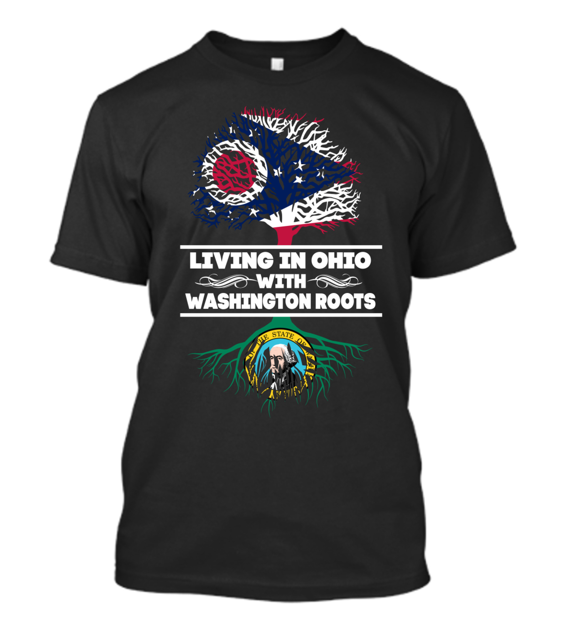 Living In Ohio With Washington Roots Tree Design Featuring Ohio And Washington State Symbols T-Shirt