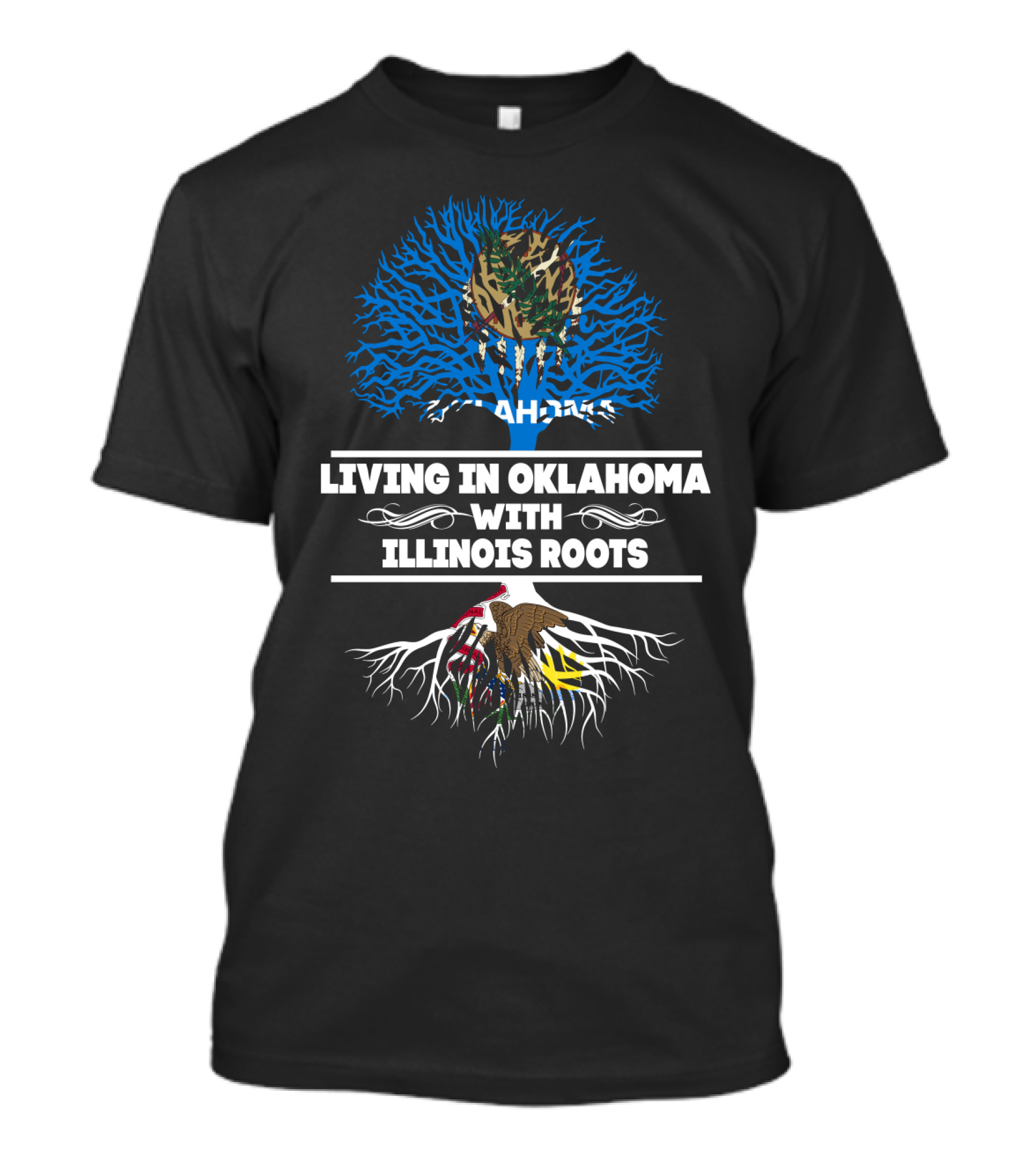 Living In Oklahoma With Illinois Roots Tree Graphic State Pride T-Shirt