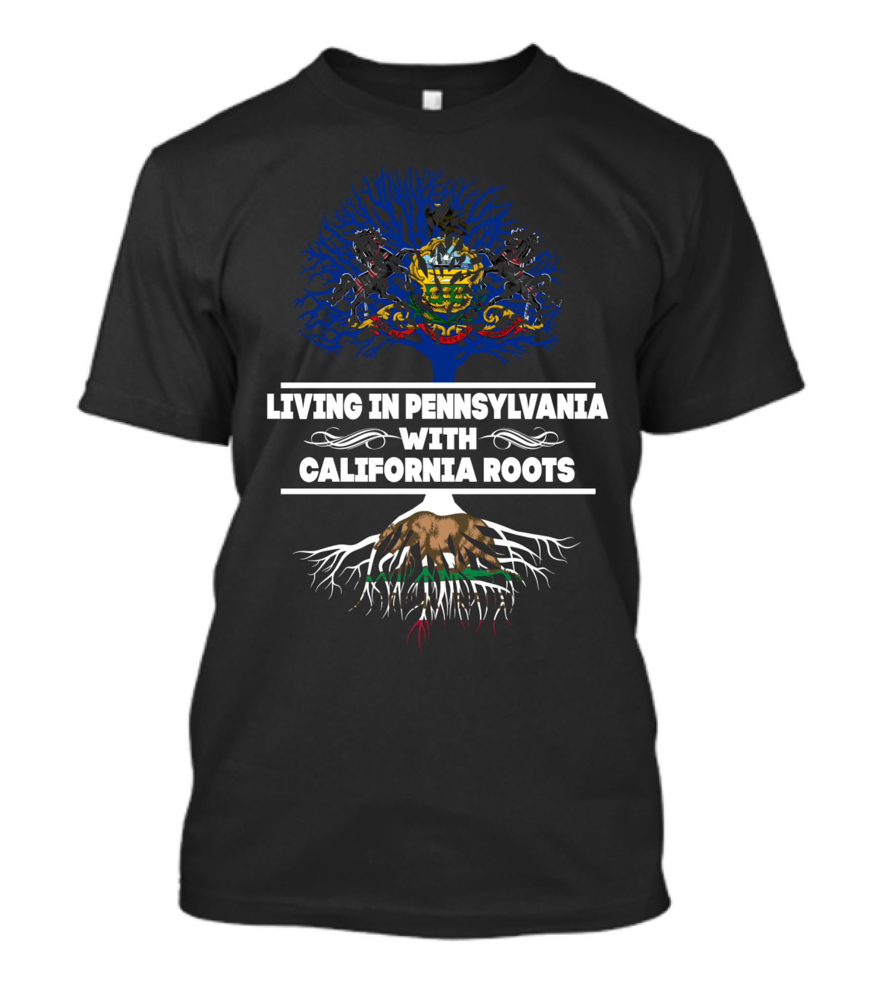 Pennsylvania Pride With California Tree Emblem Roots In Blue And Brown T-Shirt