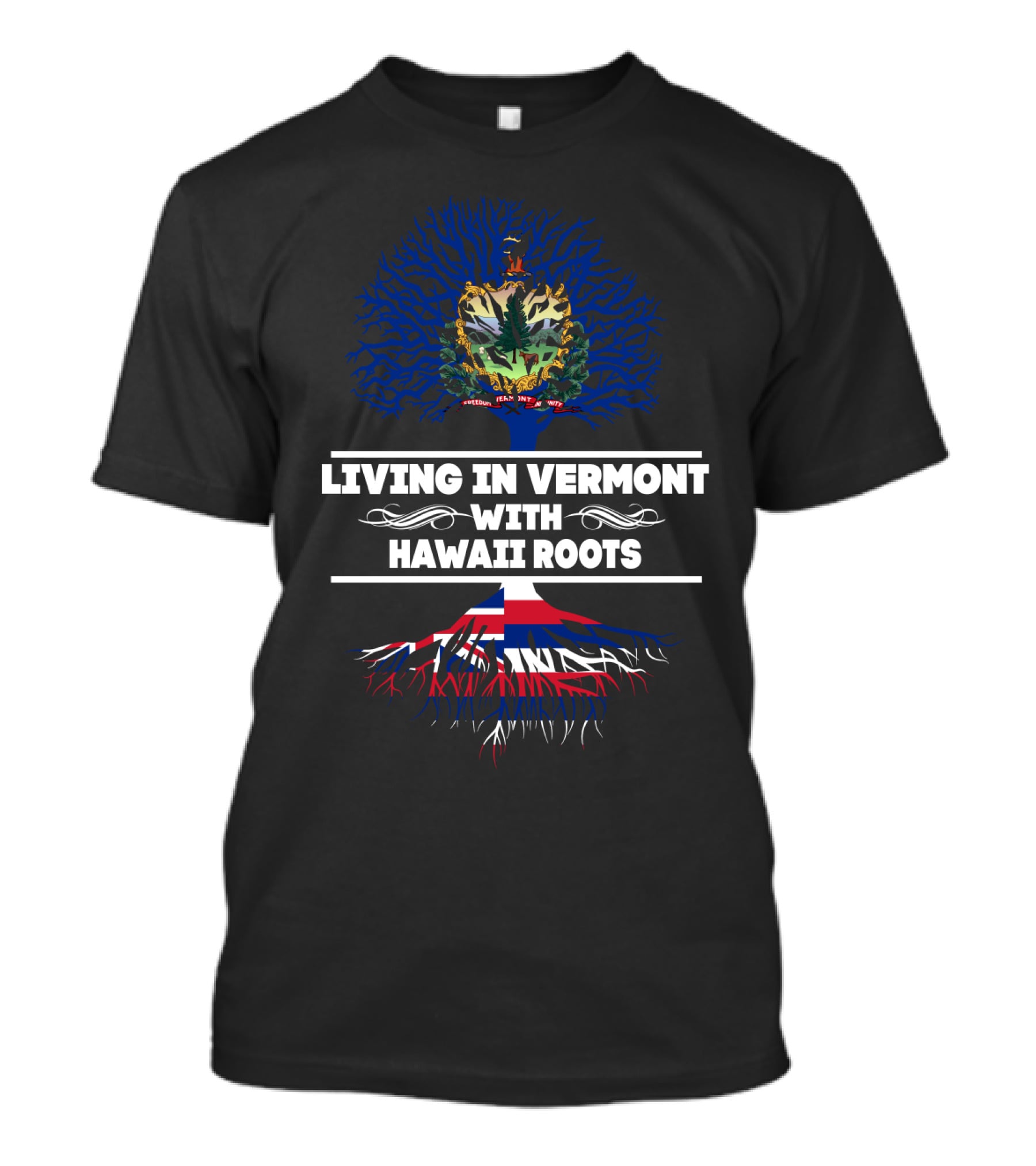 Vermont Living With Hawaiian Roots Featuring Vermont Seal And Hawaiian Flag-Inspired Tree T-Shirt