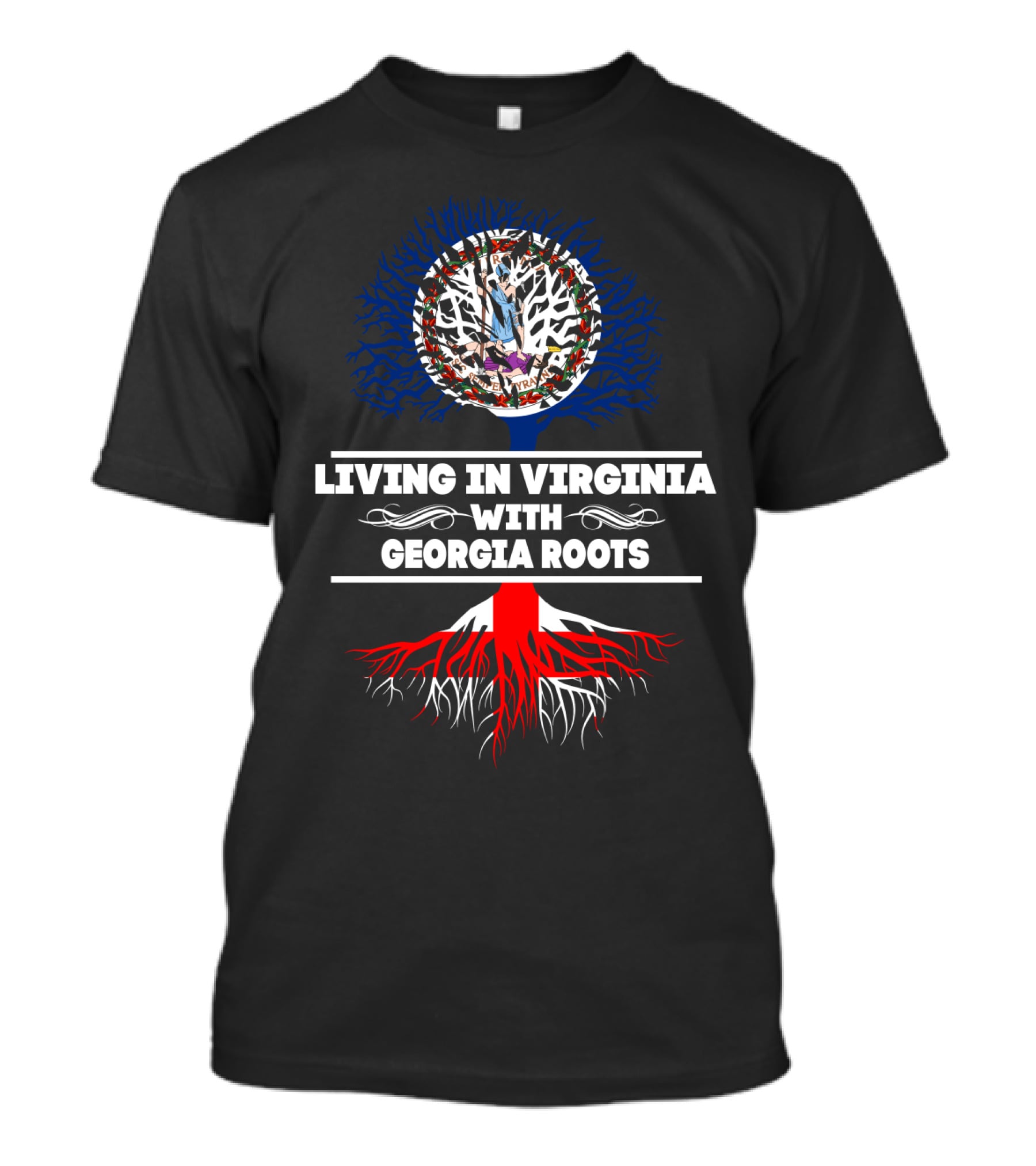 Living In Virginia With Georgia Roots Featuring Virginia Seal And Tree T-Shirt