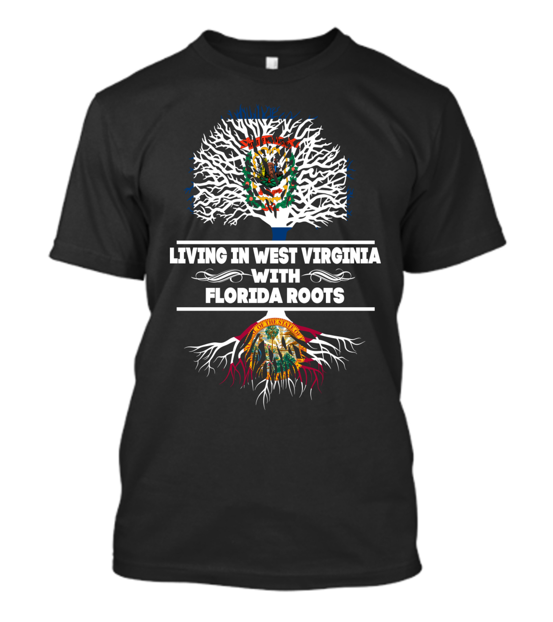 West Virginia Living, Florida Roots Illustrated With State Seals And Tree T-Shirt
