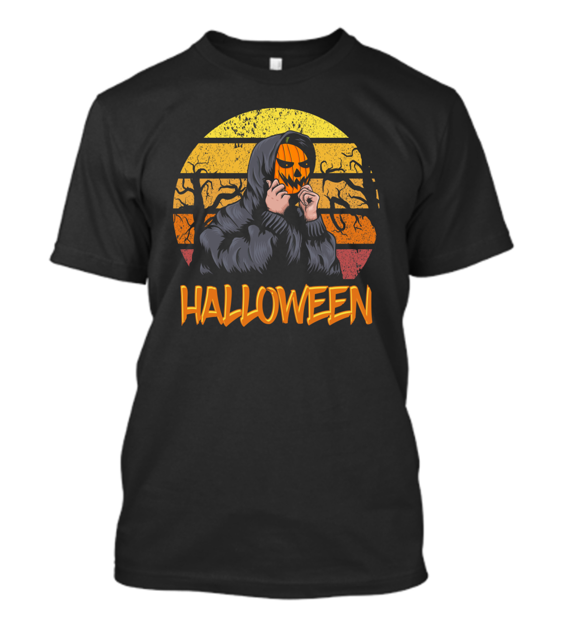 Halloween Hooded Figure With Pumpkin Mask And Sunset Stripes T-Shirt