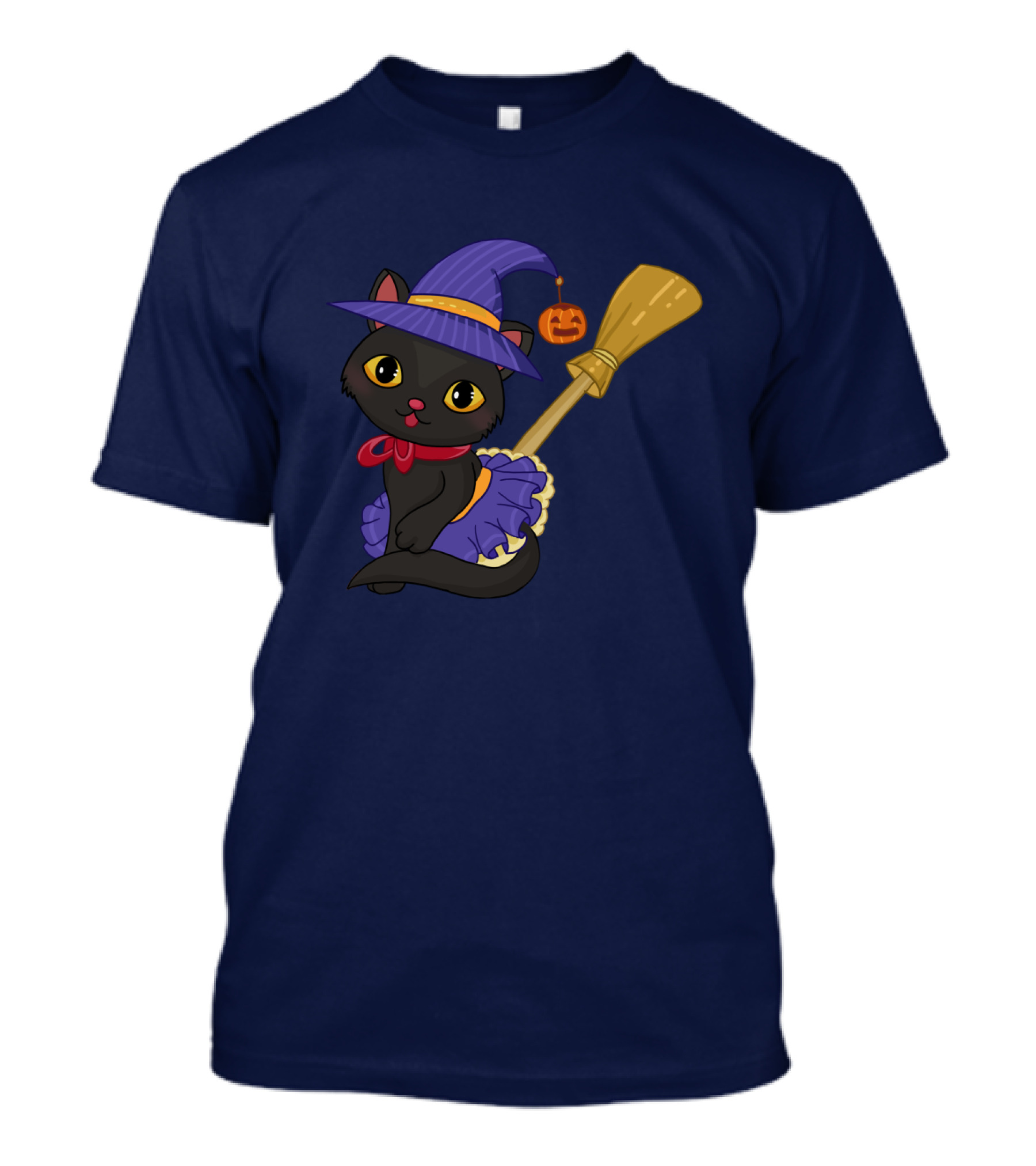 Halloween Black Cat In Witch Hat With Broom And Pumpkin Charm T-Shirt