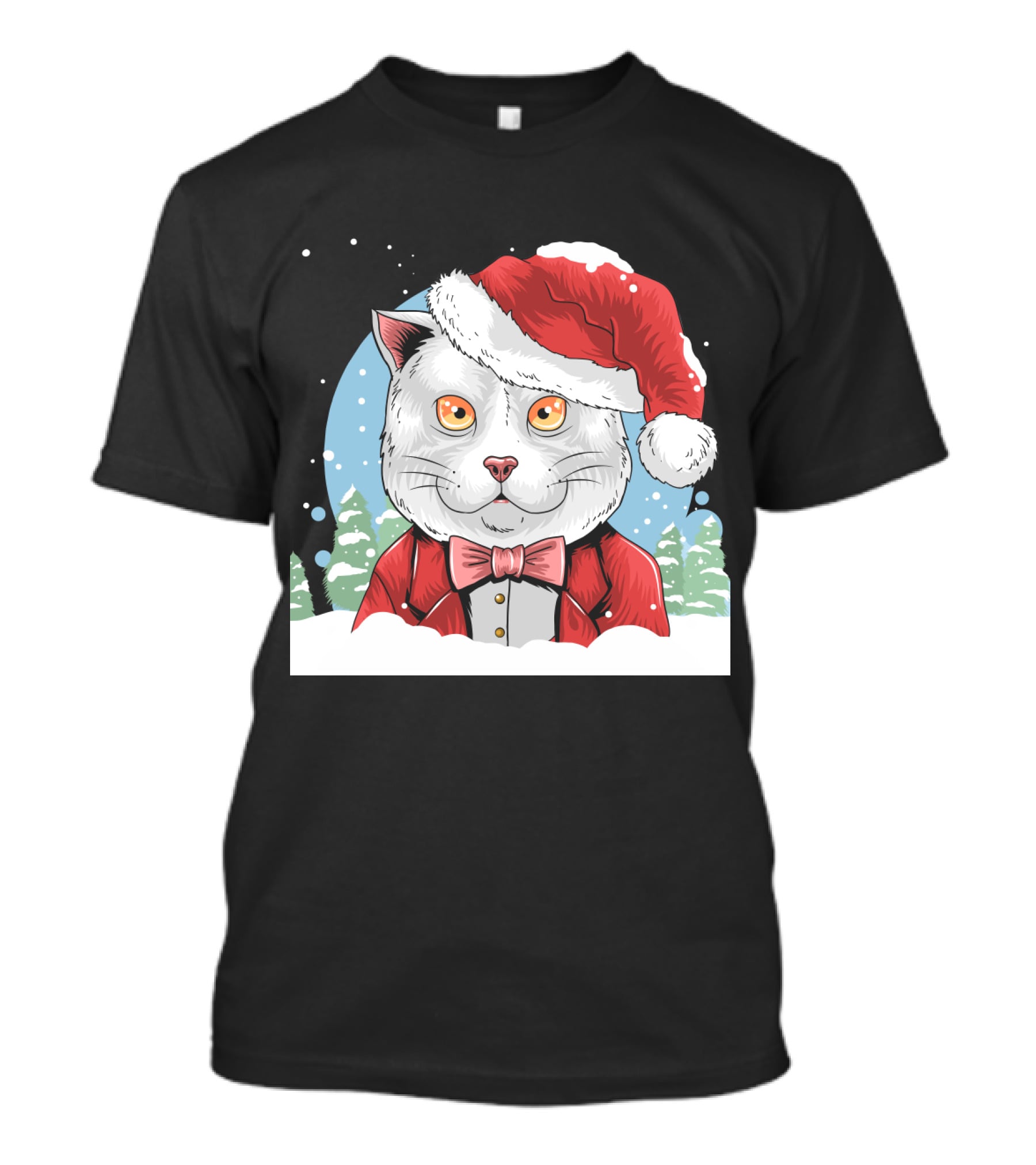 Santa Claus Cat In Winter Wonderland Christmas Scene T-Shirt