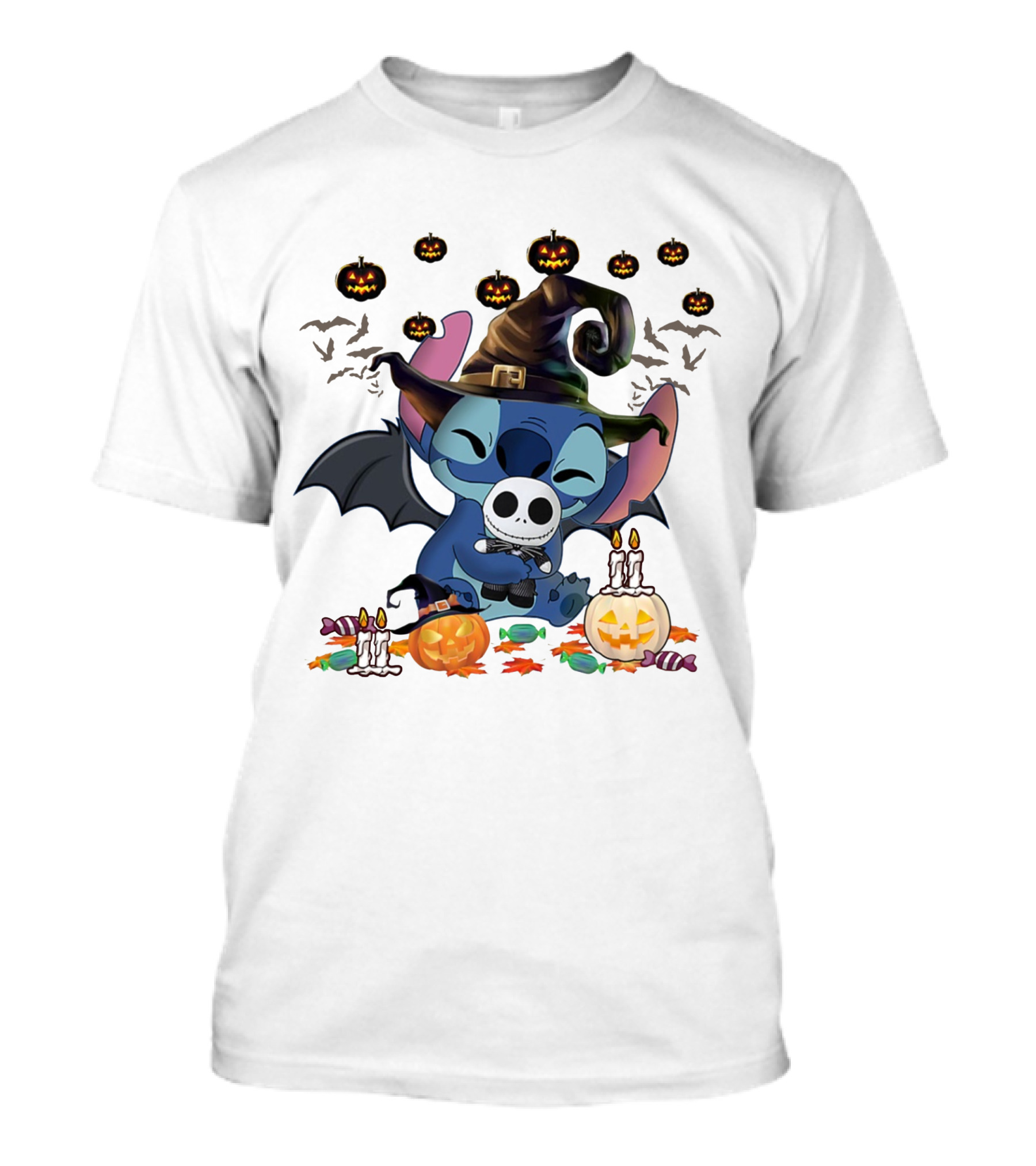 Halloween Stitch Witch With Baby Jack Skellington Surrounded By Pumpkins And Candy T-Shirt