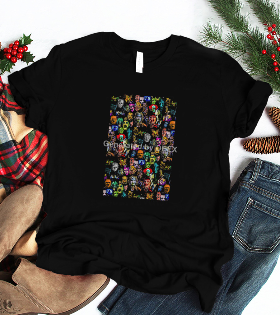 Horror Movie Character Faces Collage Multicolor T-Shirt