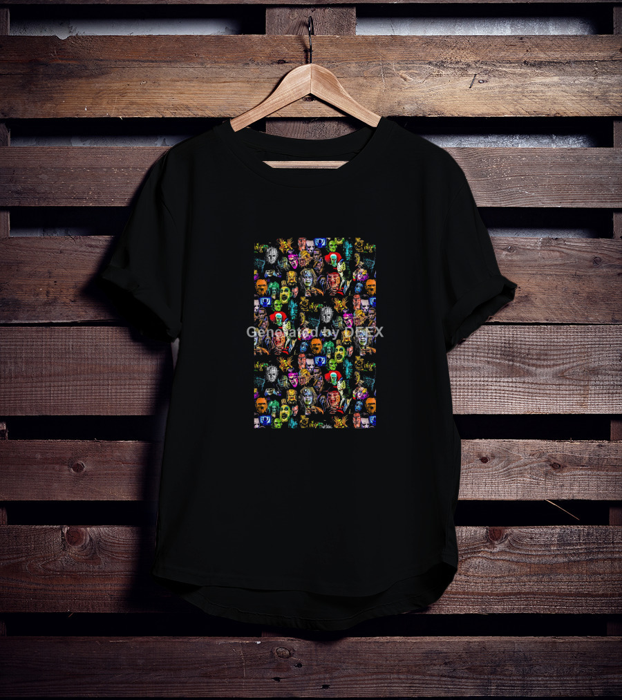 Horror Movie Character Faces Collage Multicolor T-Shirt
