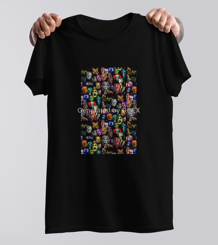 Horror Movie Character Faces Collage Multicolor T-Shirt