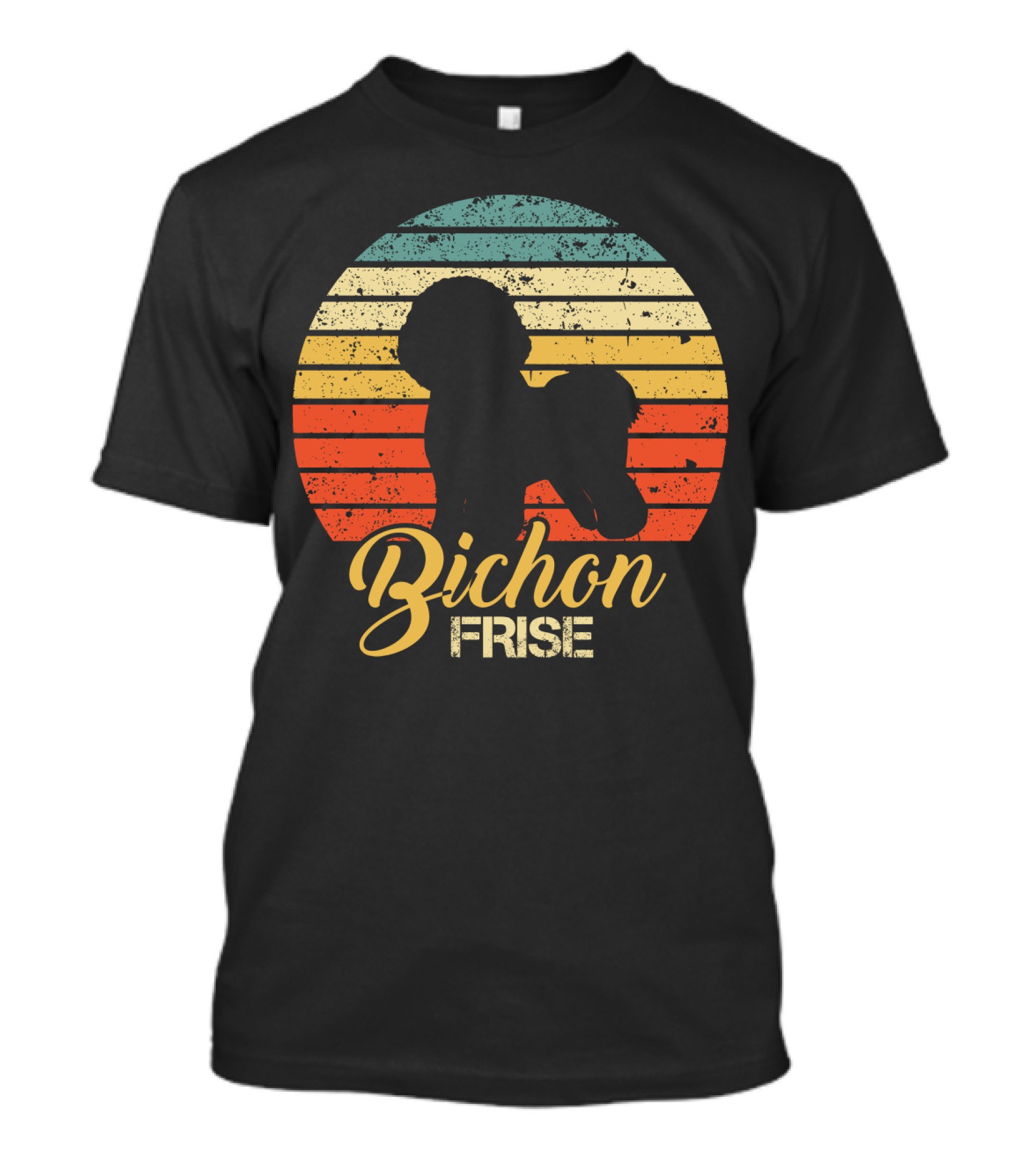 Retro Sunset Silhouette Bichon Frise Stripes T-Shirt