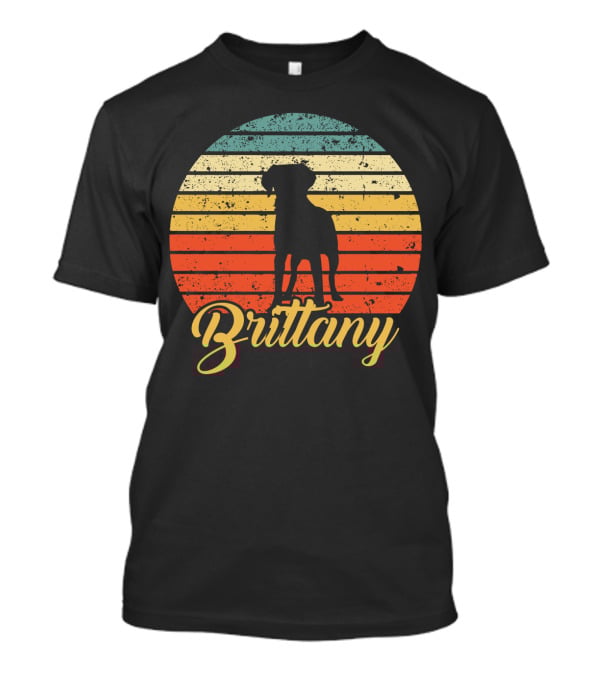 Brittany Spaniel Silhouette Retro Sunset Stripes T-Shirt