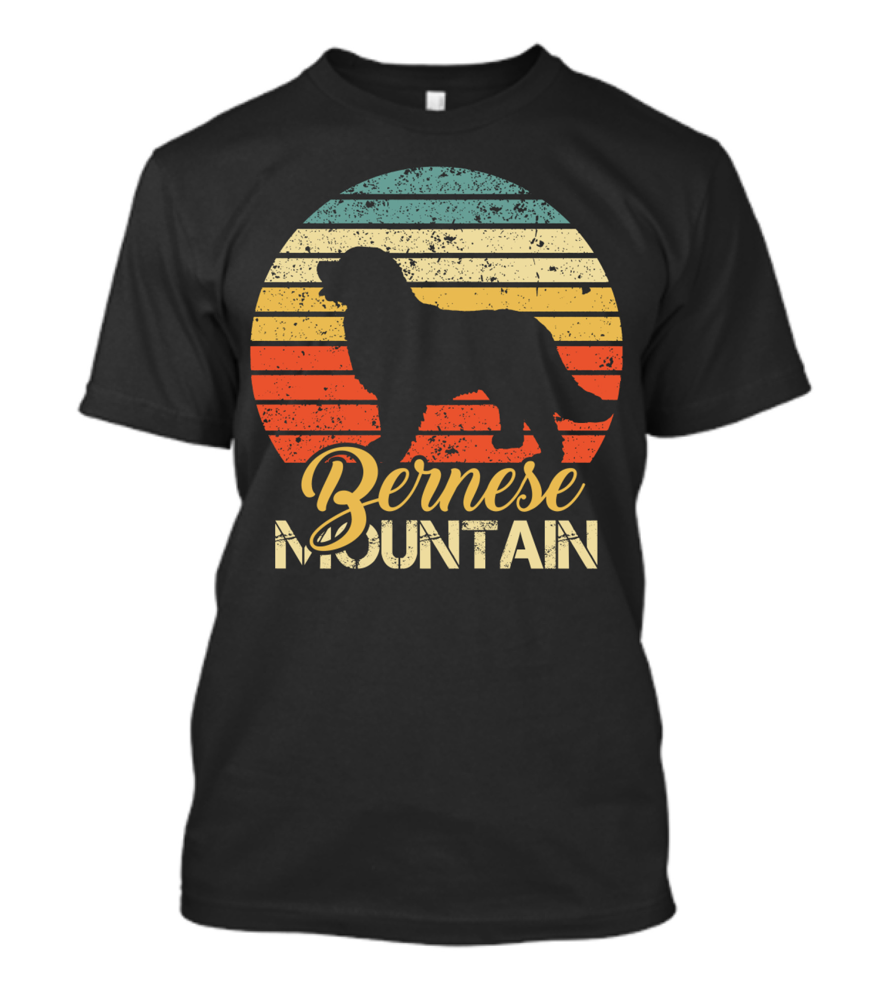 Retro Bernese Mountain Dog Silhouette With Striped Sunset Background T-Shirt