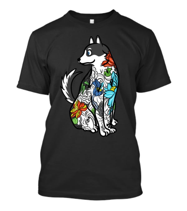 Husky Tattoo Floral Art Pattern In Black And Multicolor T-Shirt