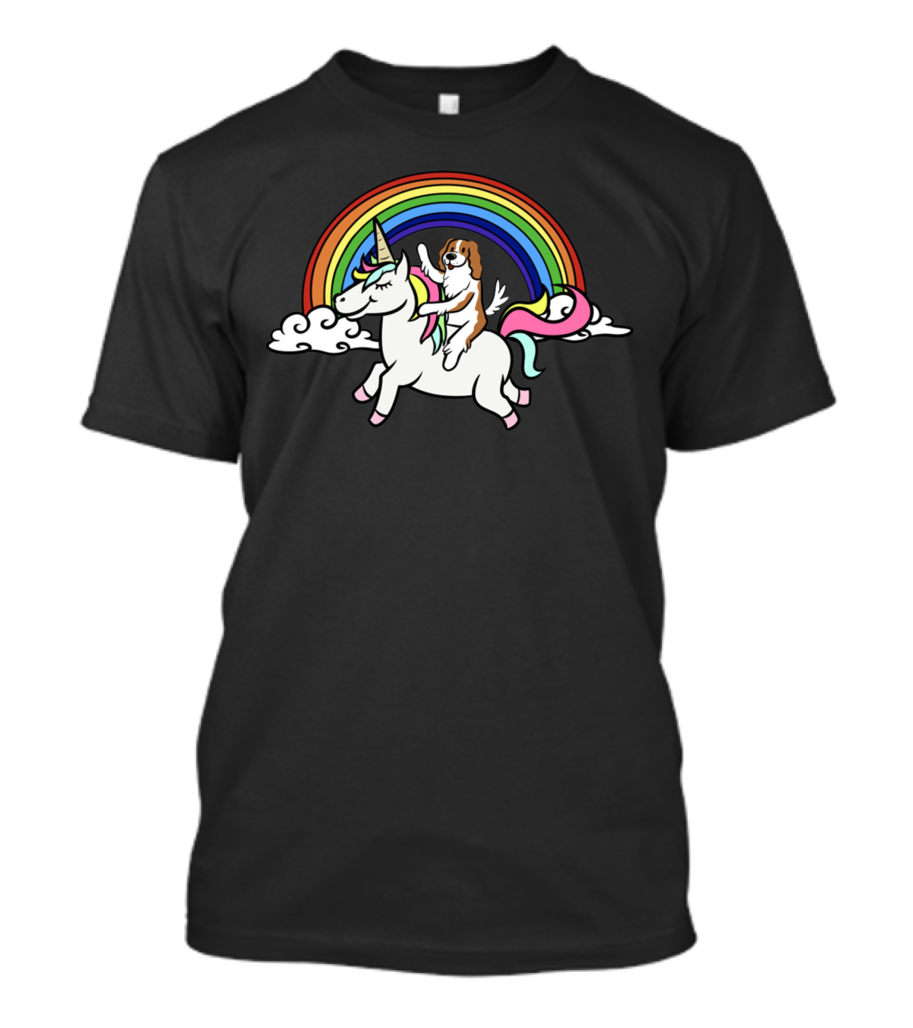 Cavalier King Charles Spaniel Riding Unicorn With Rainbow And Clouds T-Shirt