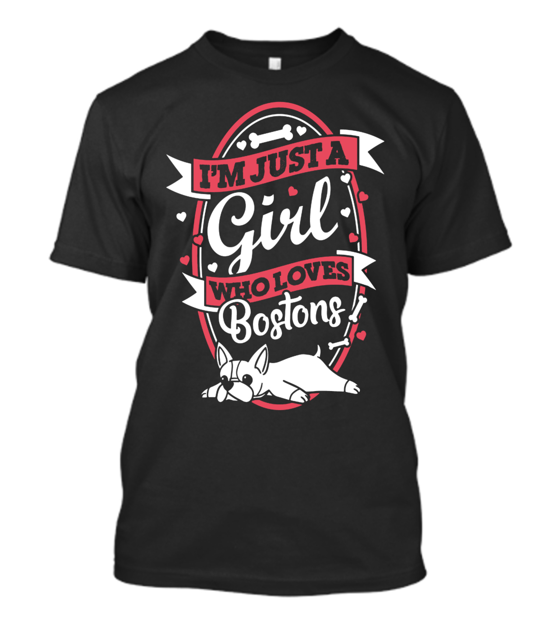 I'm Just A Girl Who Loves Bostons With Bones And Hearts Border T-Shirt