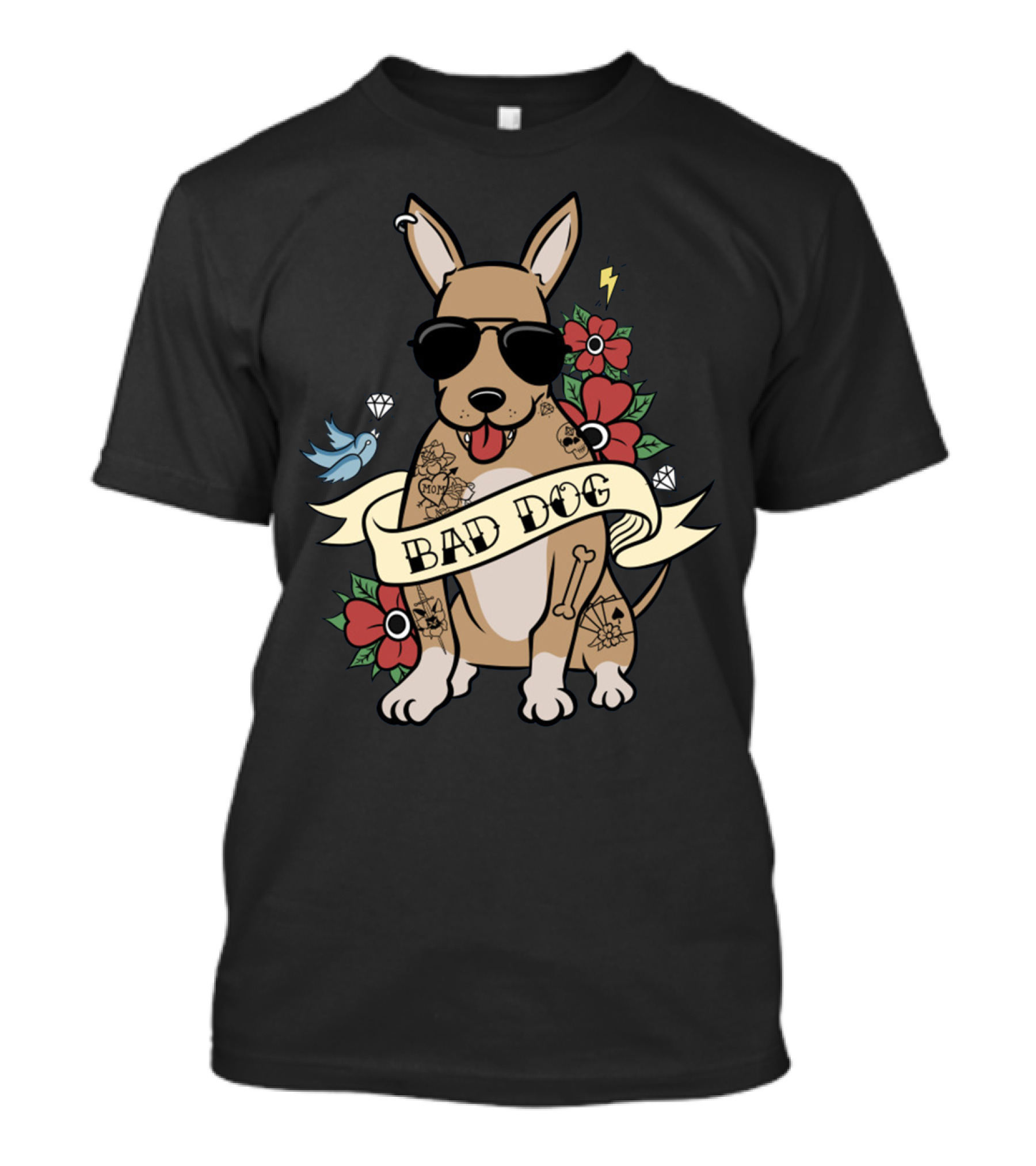 Chihuahua Bad Dog Tattoo Style With Sunglasses Flowers And Bird T-Shirt