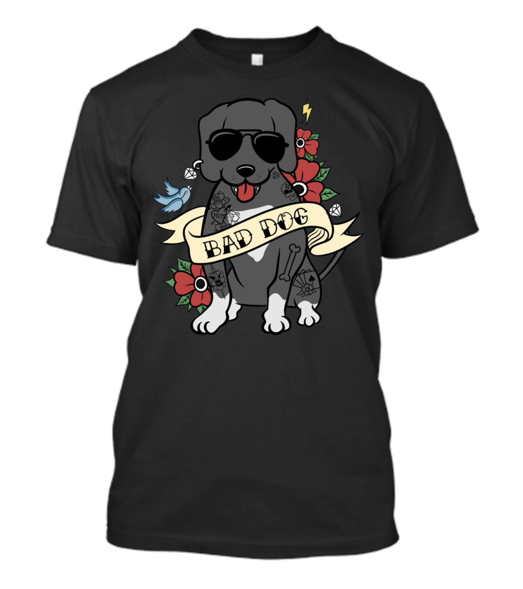 Great Dane Bad Dog Sunglasses Tattoo Flowers Bird Cartoon T-Shirt