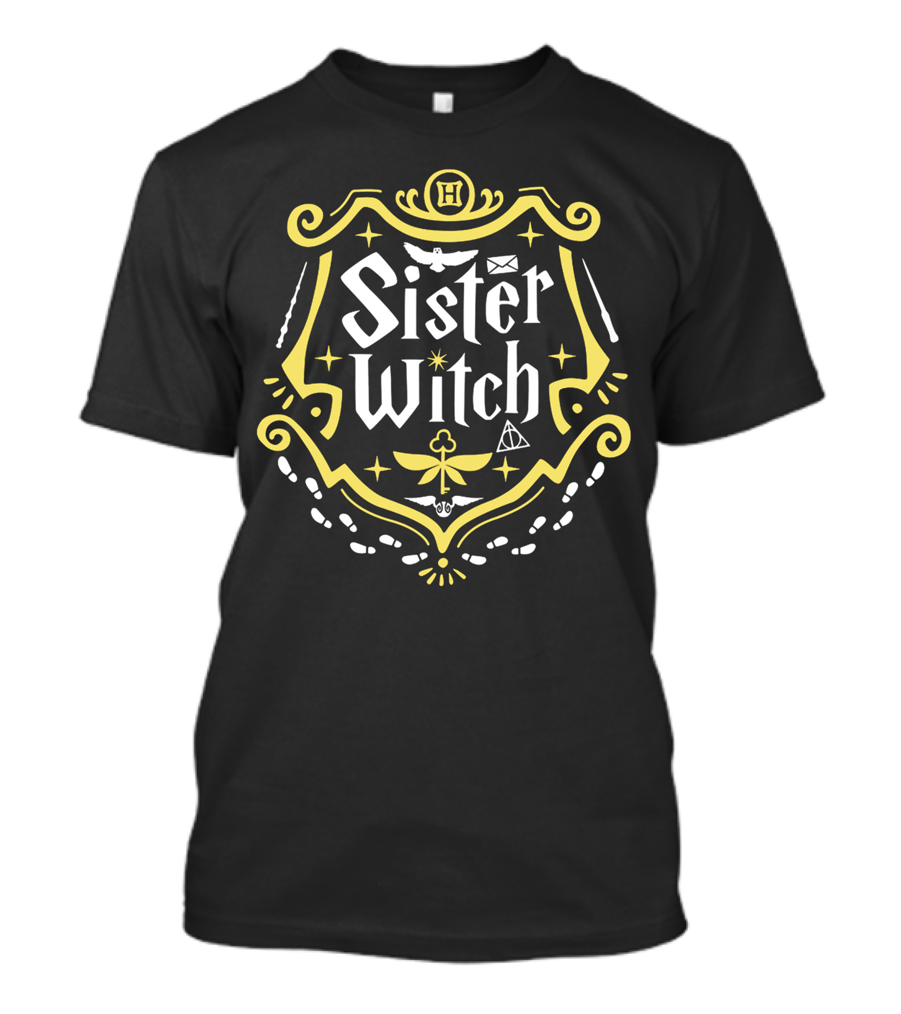 Sister Witch Hogwarts Inspired Crest With Owl Letter Magic Wands And Deathly Hallows T-Shirt