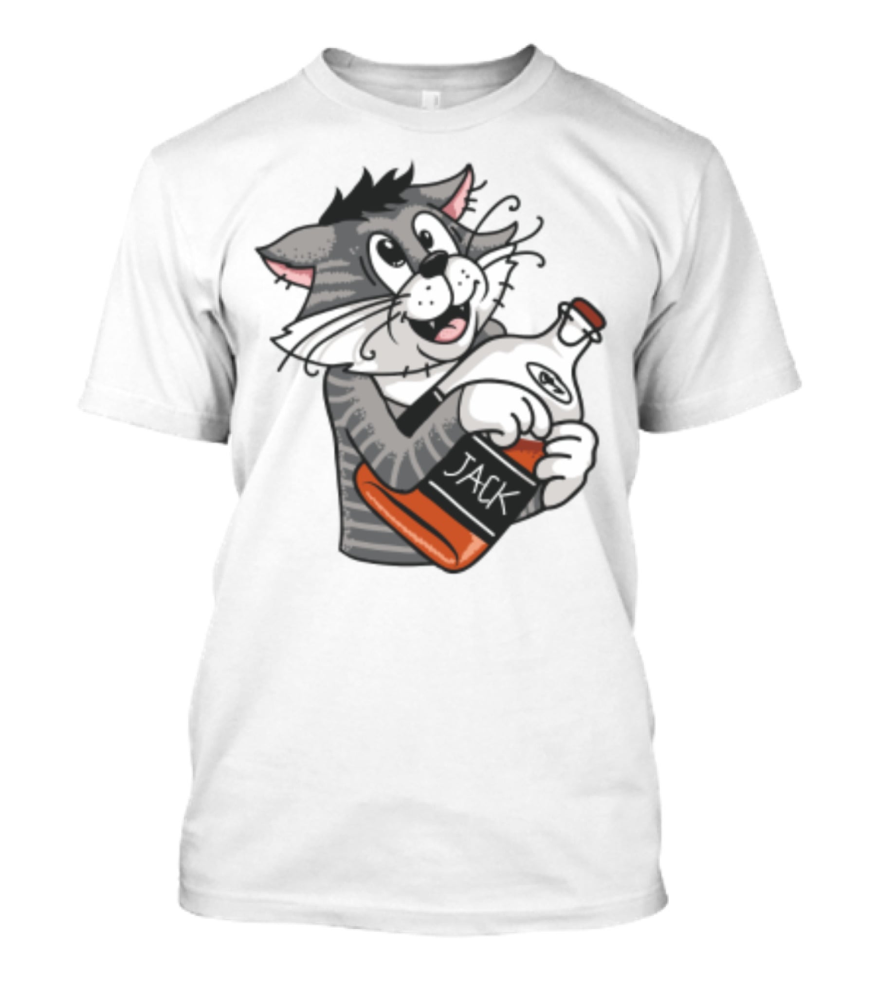Jack Whiskey Cat Hugging Bottle Playful Striped Kitty Character T-Shirt